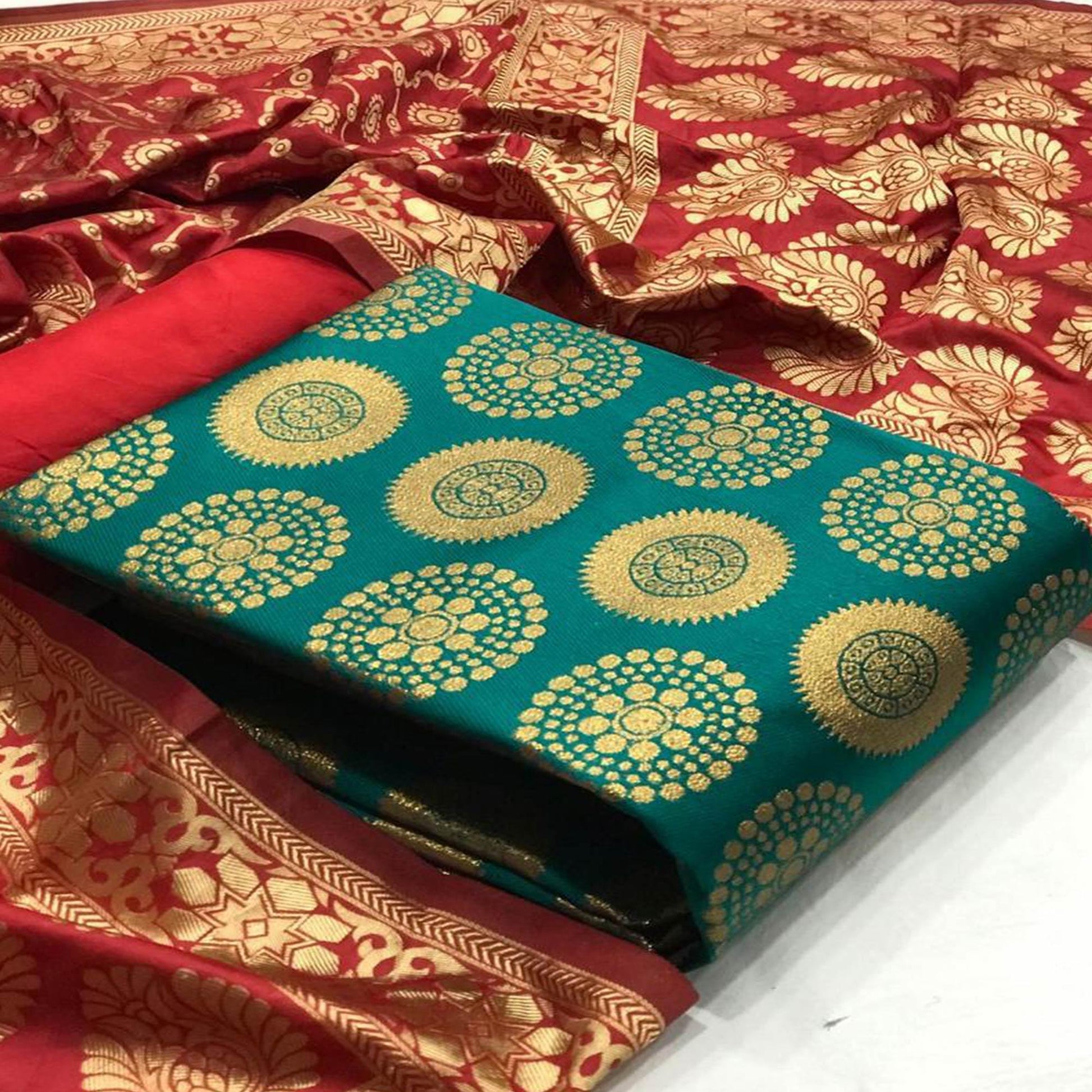 Flattering Rama Green Colored Casual Wear Woven Banarasi Silk Dress Material