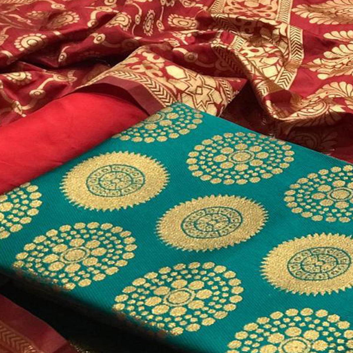 Flattering Rama Green Colored Casual Wear Woven Banarasi Silk Dress Material