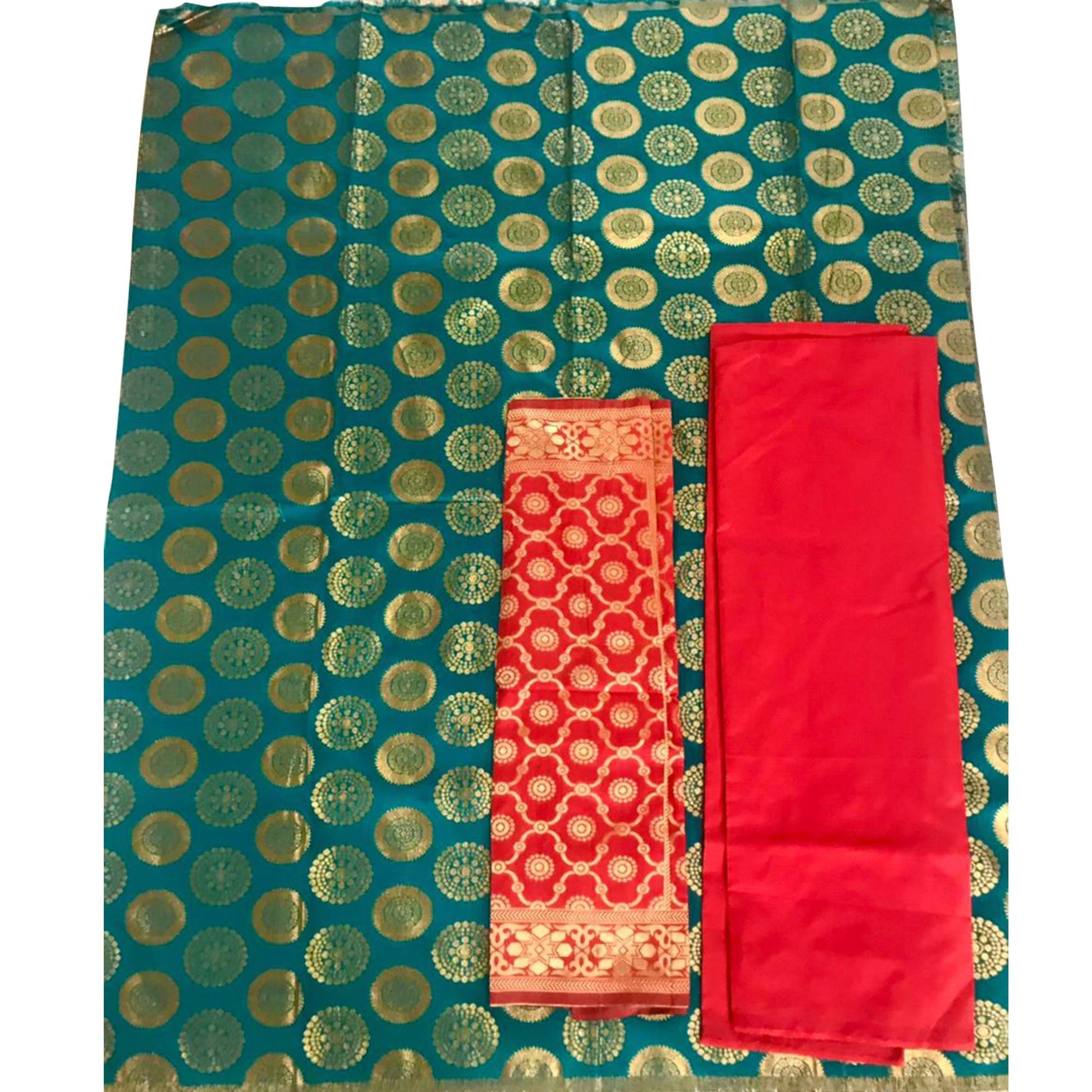 Flattering Rama Green Colored Casual Wear Woven Banarasi Silk Dress Material