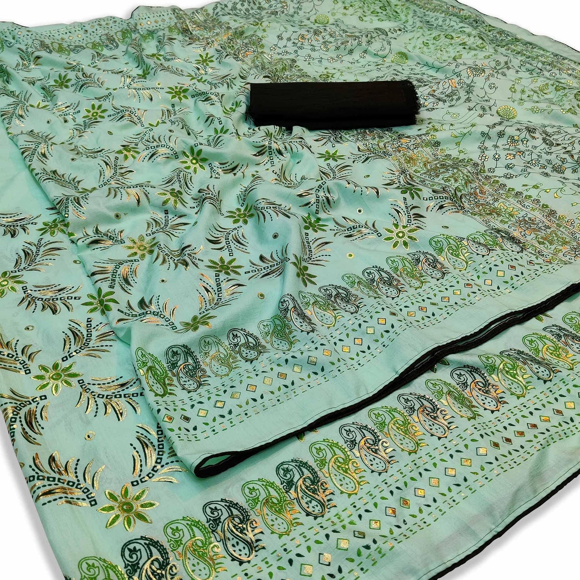 Flattering Sea Green Colored Festive Wear Printed Dola Silk Saree