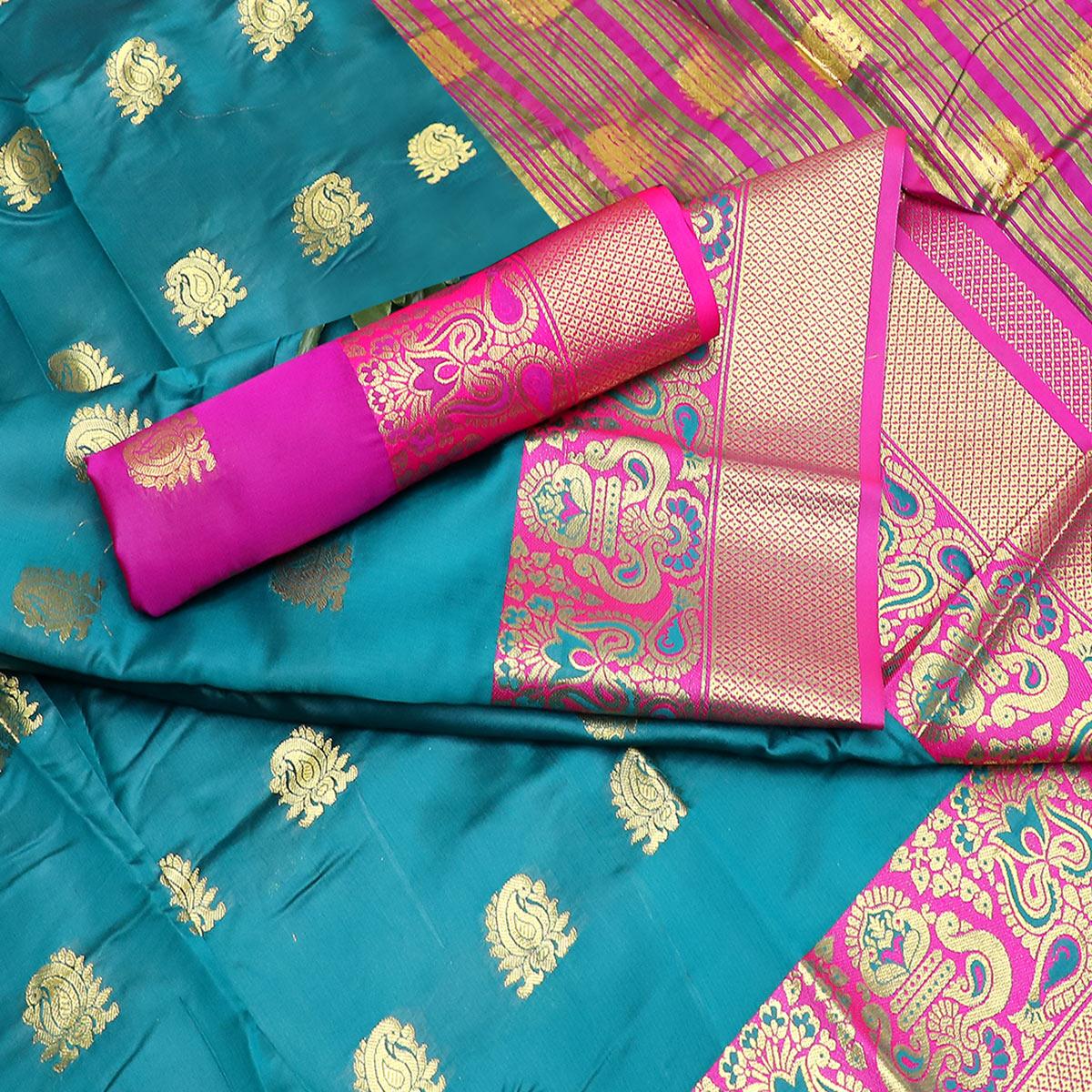 Flattering Teal Blue Colored Festive Wear Woven Litchi Banarasi Silk Saree