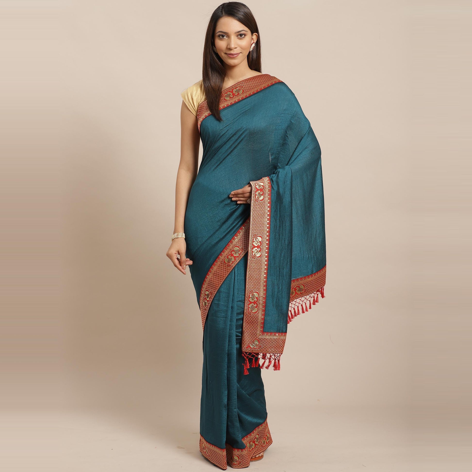 Flattering Teal Blue Colored Festive Woven Silk Blend Saree
