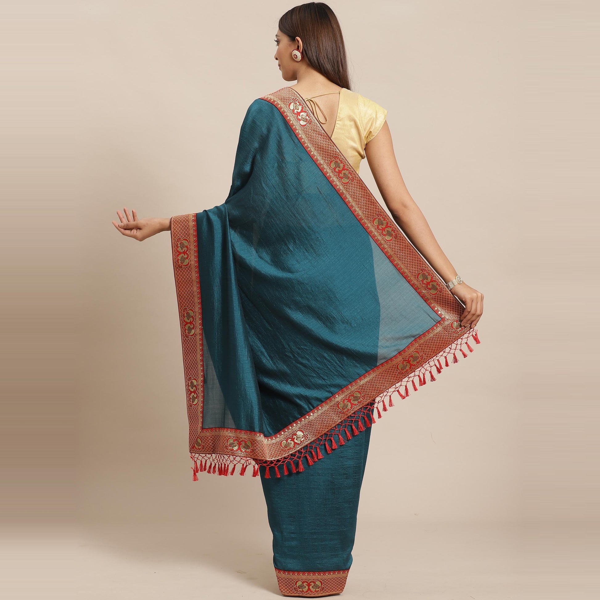 Flattering Teal Blue Colored Festive Woven Silk Blend Saree