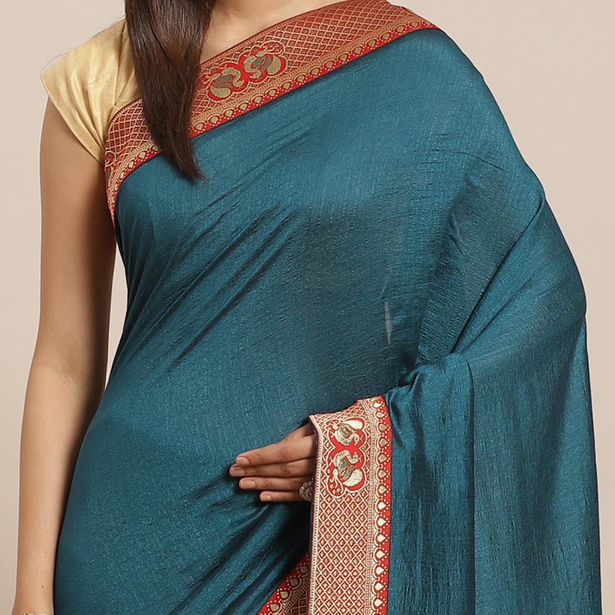 Flattering Teal Blue Colored Festive Woven Silk Blend Saree