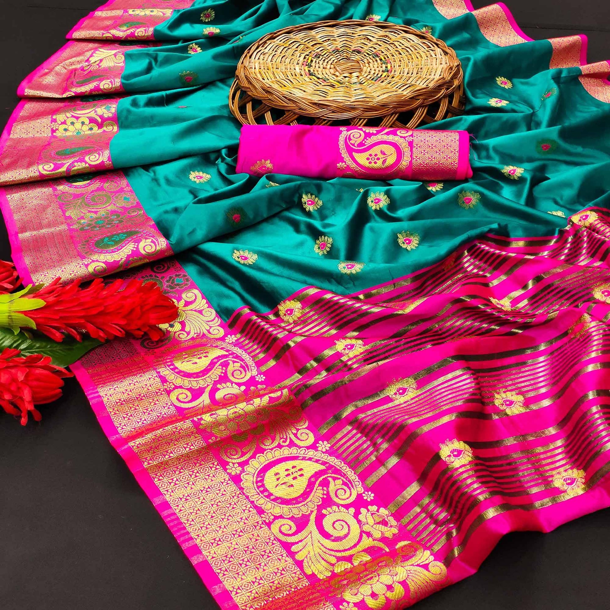 Flattering Turquoise Blue Colored Festive Wear Woven Kanjivaram Silk Saree