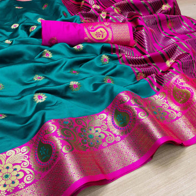 Flattering Turquoise Blue Colored Festive Wear Woven Kanjivaram Silk Saree