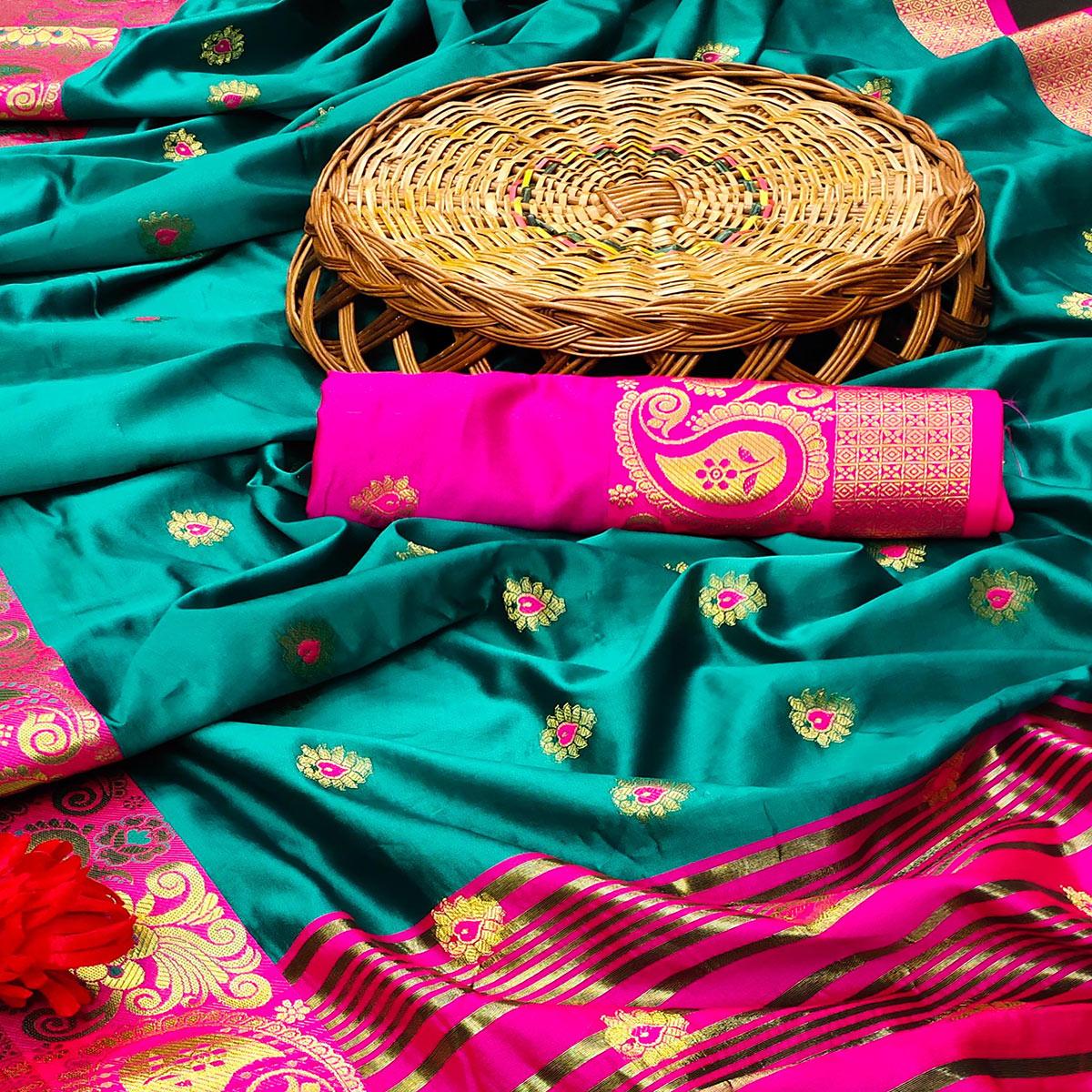 Flattering Turquoise Blue Colored Festive Wear Woven Kanjivaram Silk Saree