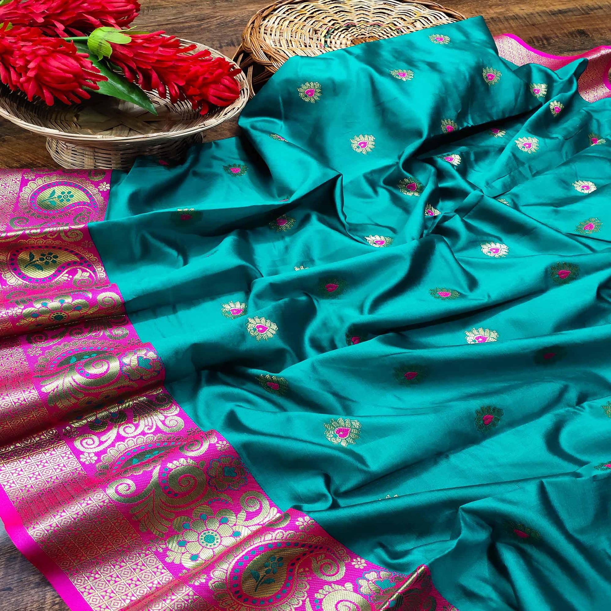 Flattering Turquoise Blue Colored Festive Wear Woven Kanjivaram Silk Saree