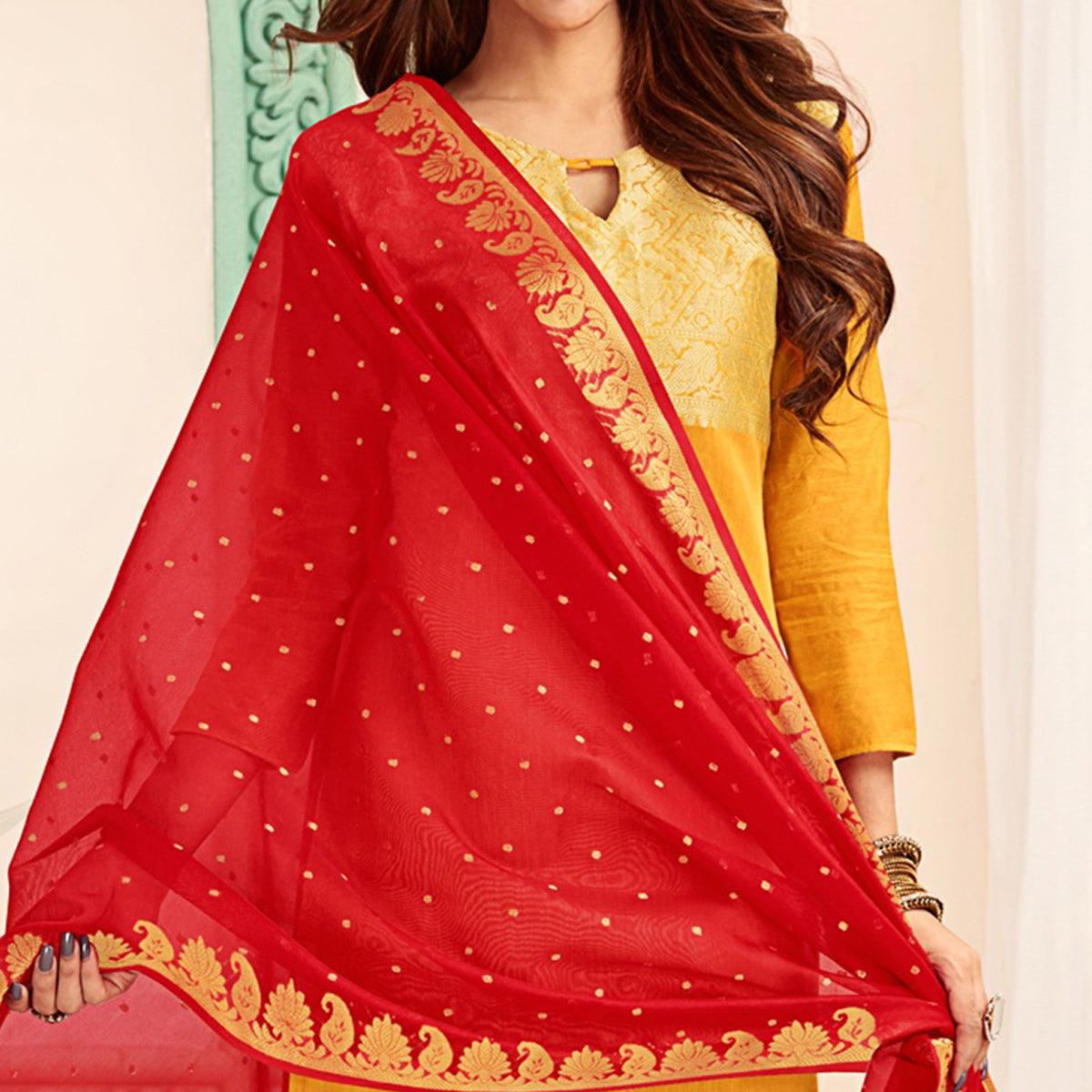 Flattering Yellow Colored Casual Wear Woven Banarasi Silk Dress Material