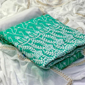 Flaunt Aqua Green Colored Casual Wear Floral Embroidered Cotton Dress Material