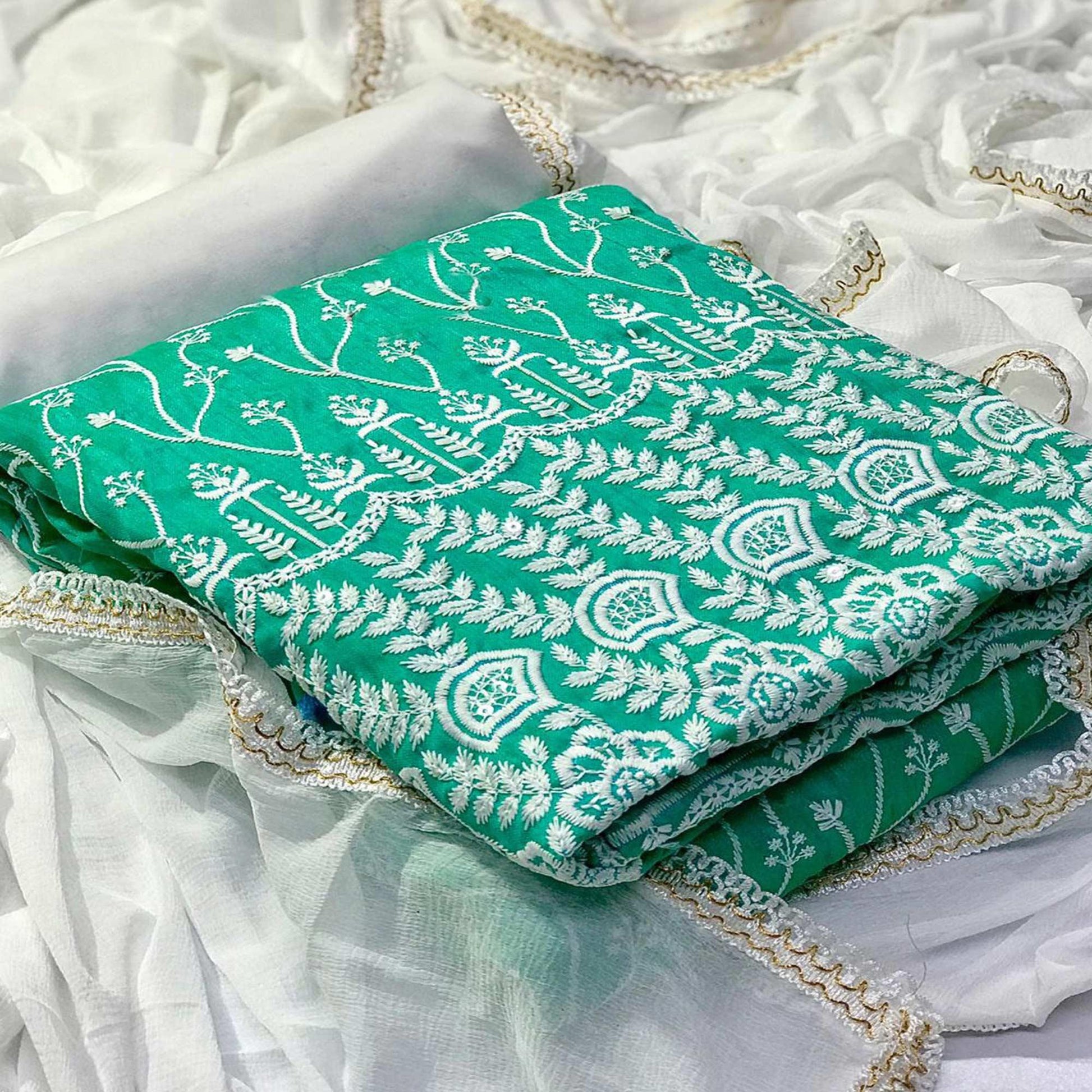 Flaunt Aqua Green Colored Casual Wear Floral Embroidered Cotton Dress Material