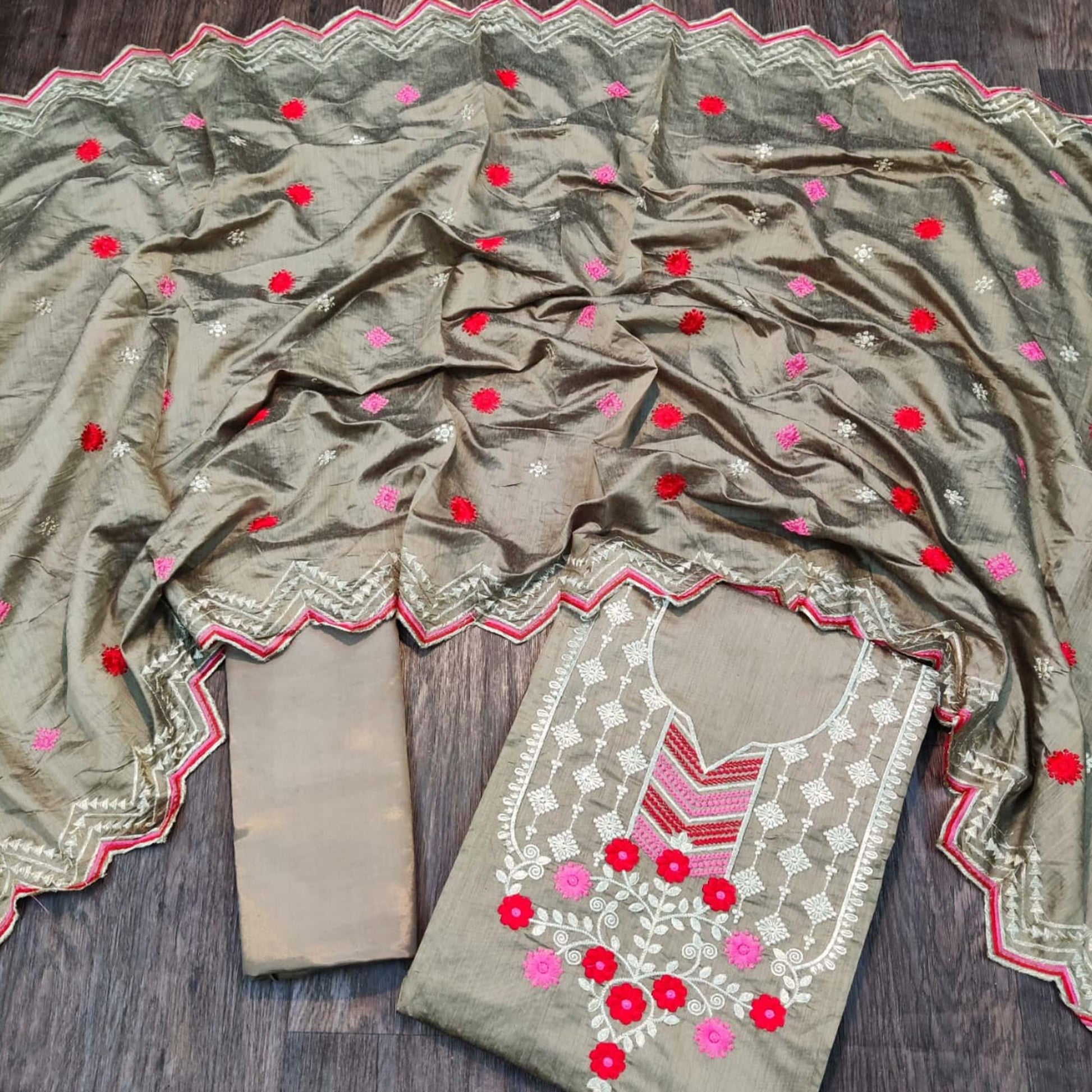 Flaunt Beige Colored Casual Wear Embroidered Chanderi Dress Material