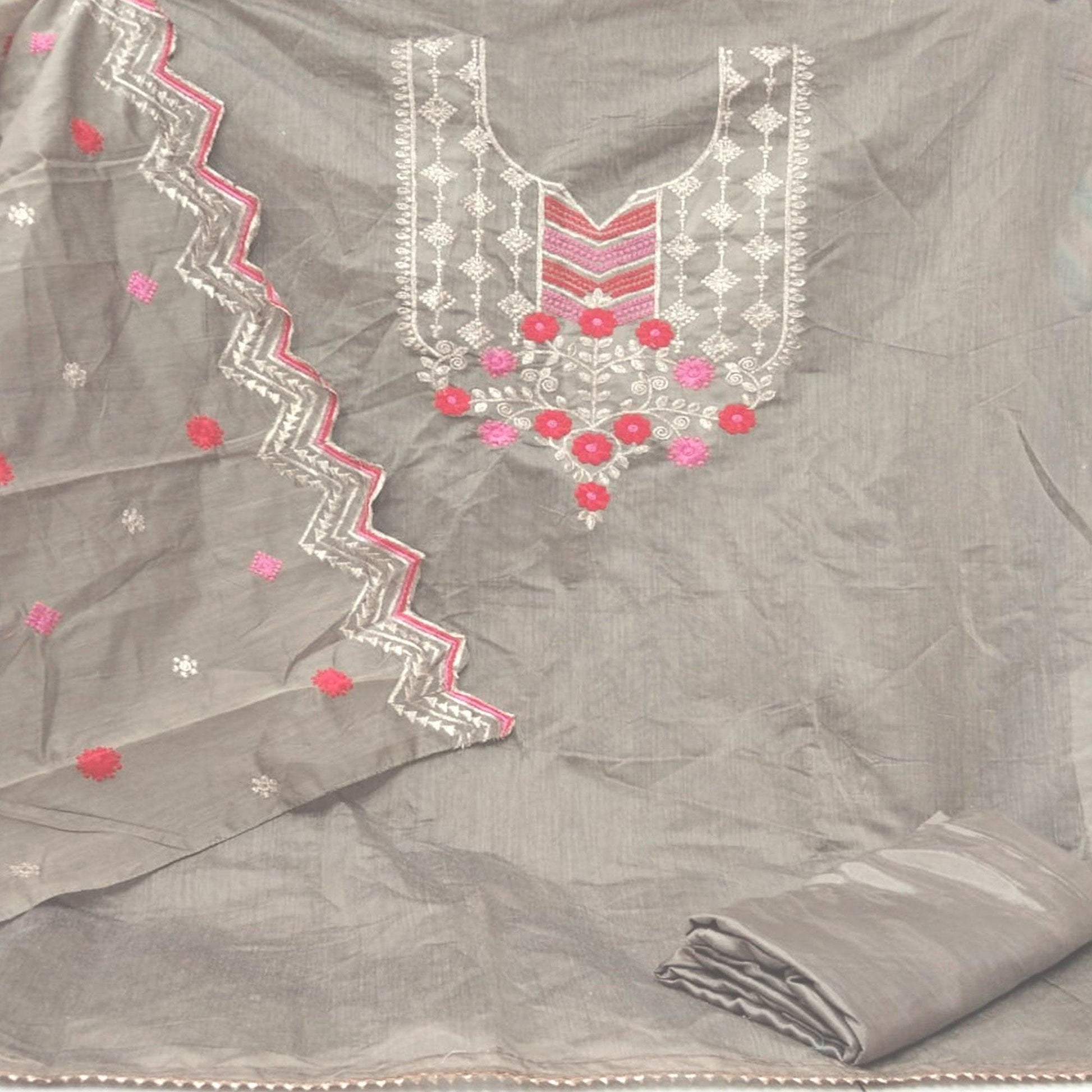 Flaunt Beige Colored Casual Wear Embroidered Chanderi Dress Material