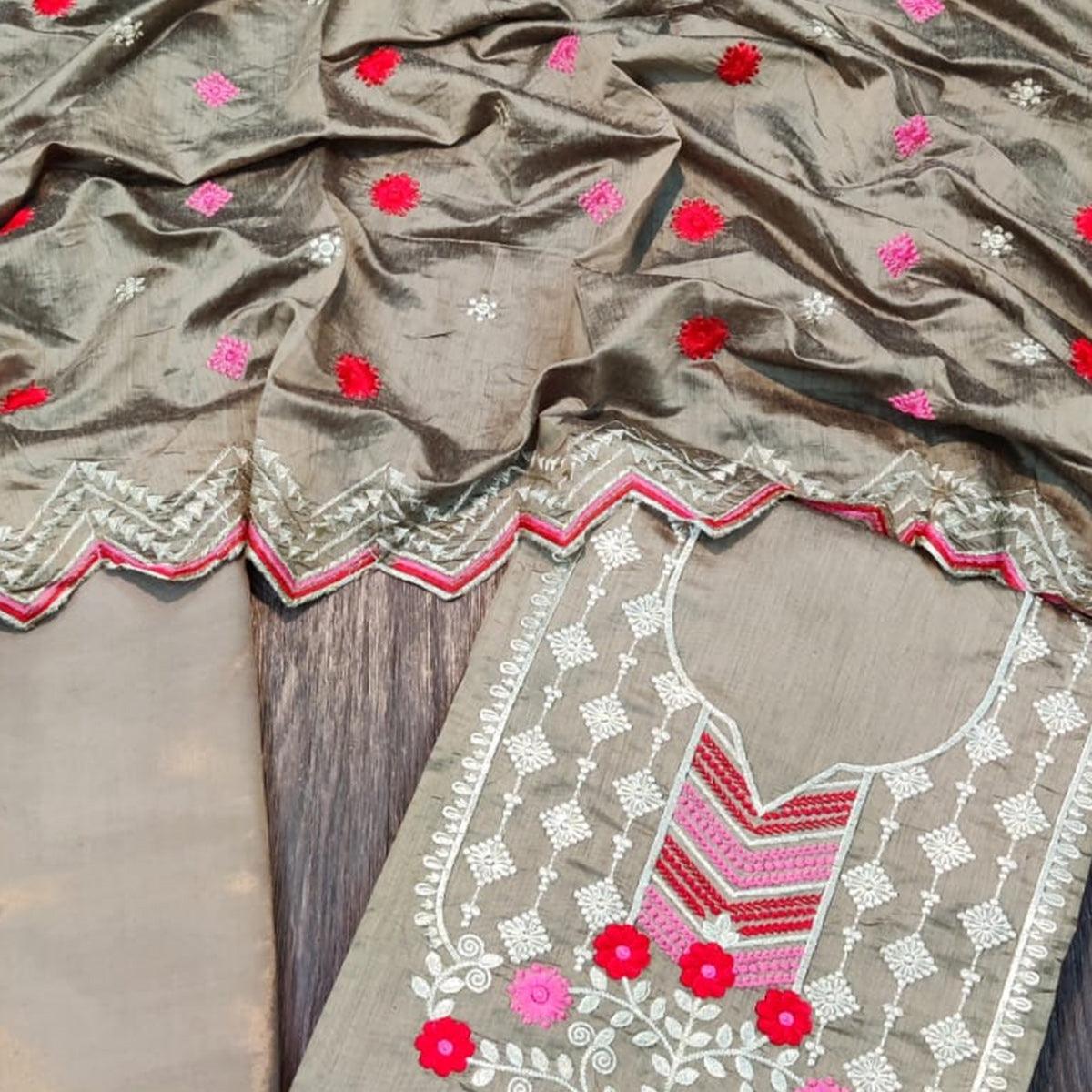 Flaunt Beige Colored Casual Wear Embroidered Chanderi Dress Material