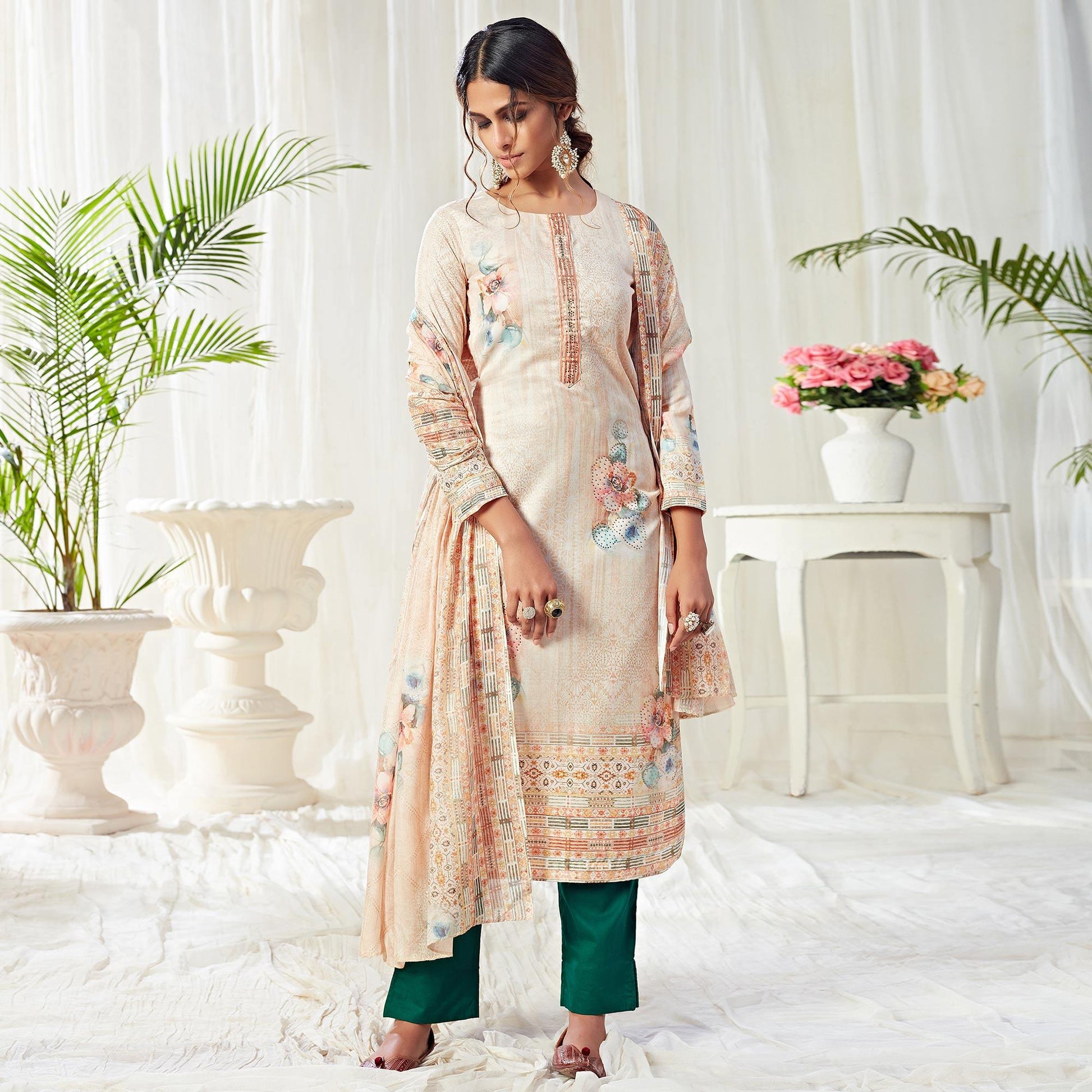 Flaunt Beige Colored Partywear Digital Printed Cotton Suit