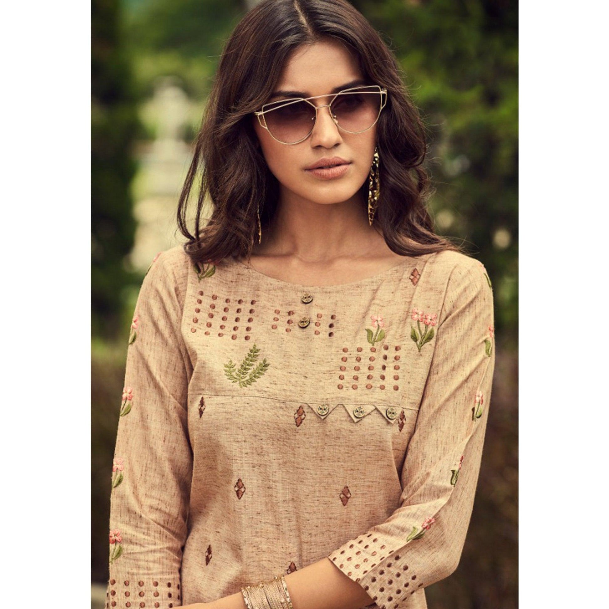 Flaunt Beige Colored Partywear Embroidered Cotton Slub Kurti-Pant Set