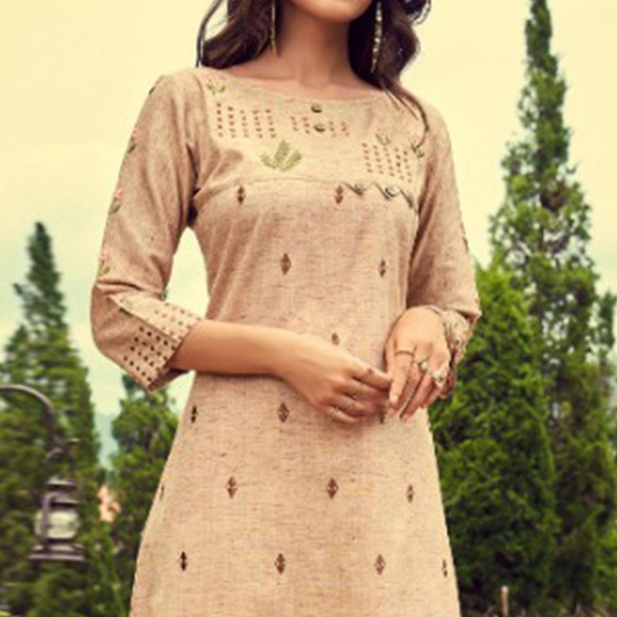 Flaunt Beige Colored Partywear Embroidered Cotton Slub Kurti-Pant Set