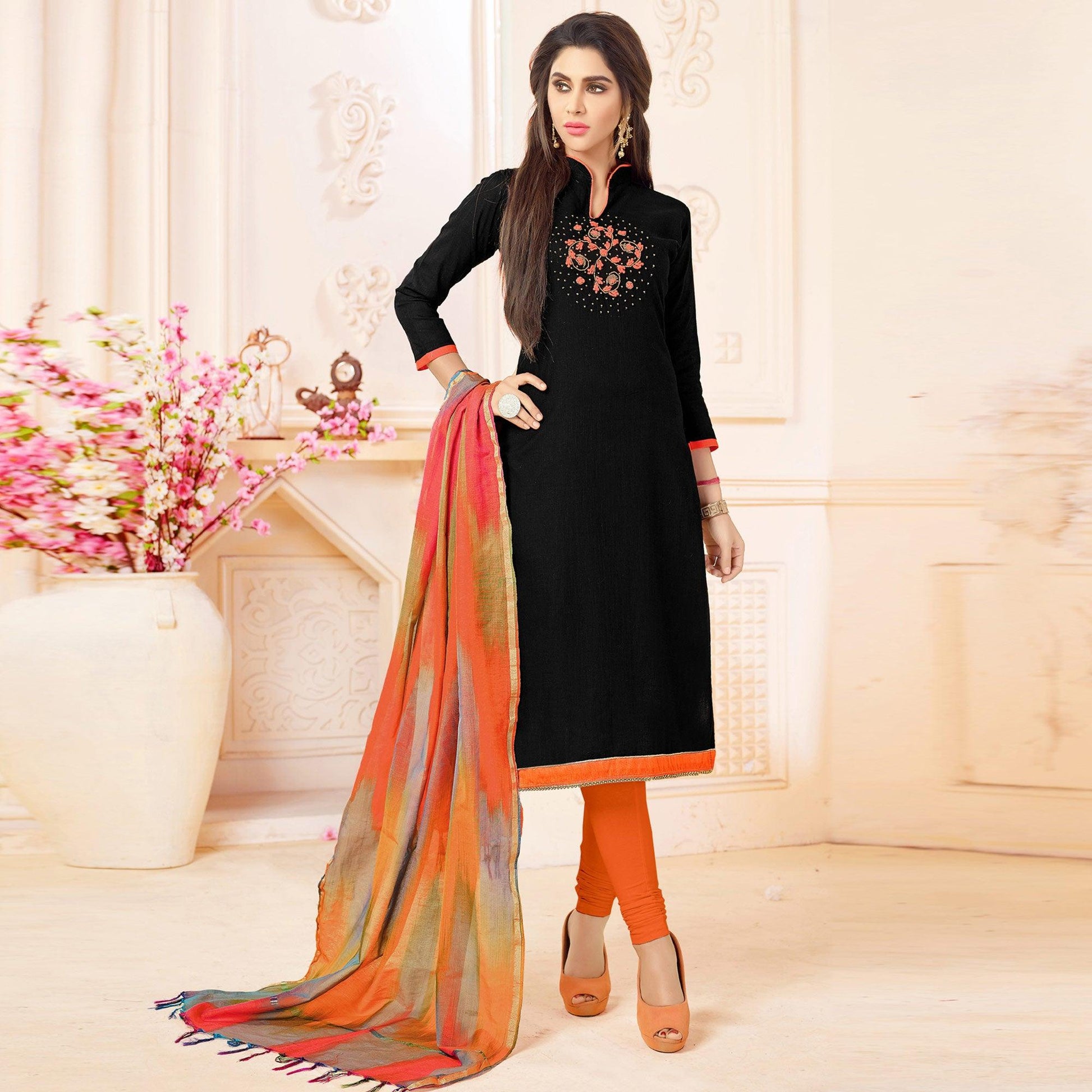 Flaunt Black Colored Embroidered Khadi Silk Dress Material