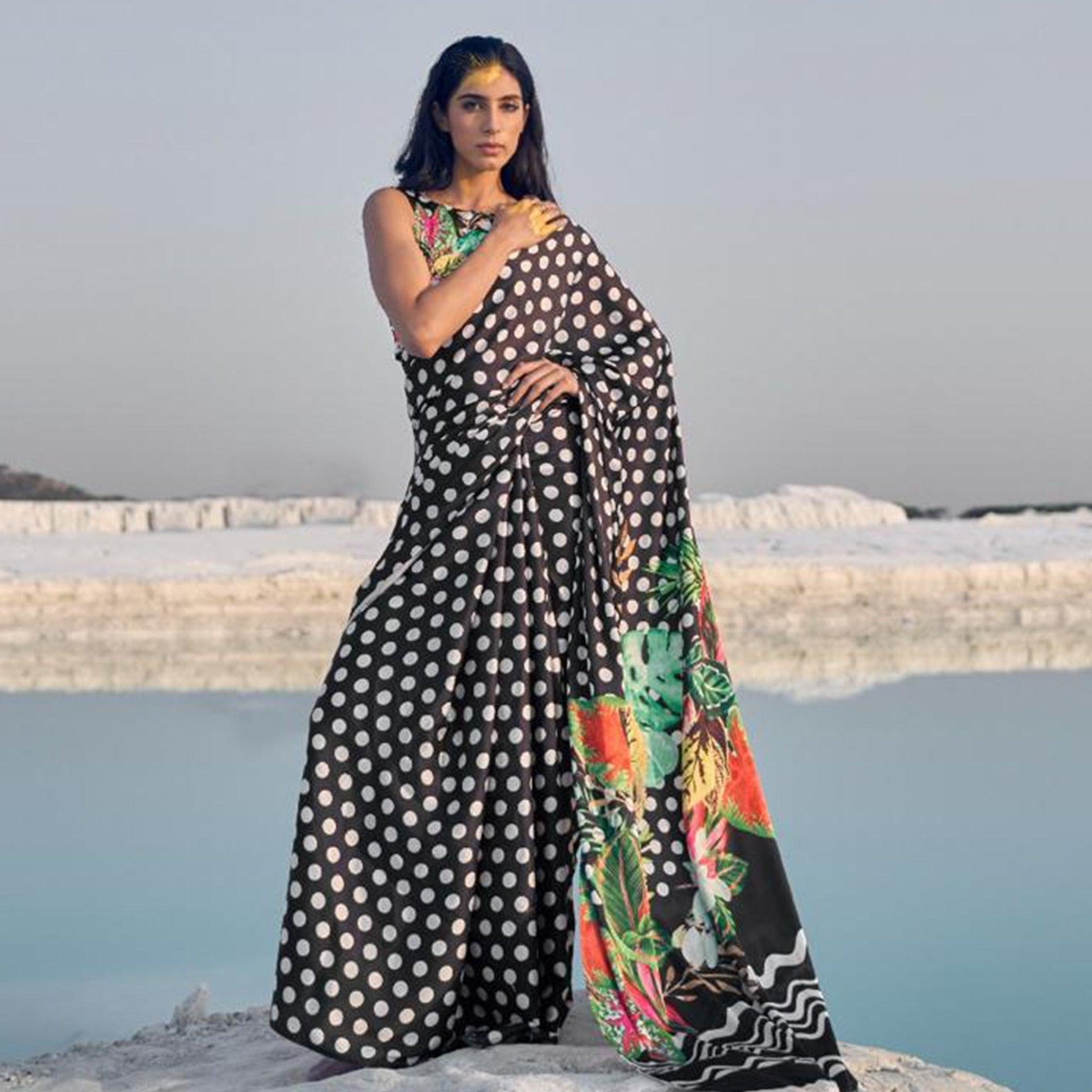 Flaunt Black Colored Partywear Digital Printed Japan Satin Crepe Saree