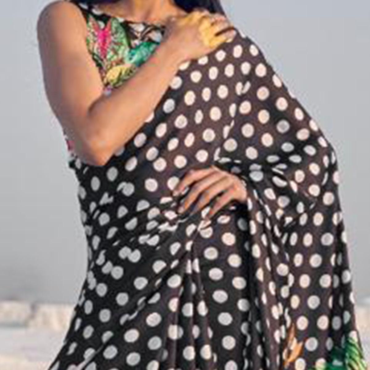 Flaunt Black Colored Partywear Digital Printed Japan Satin Crepe Saree
