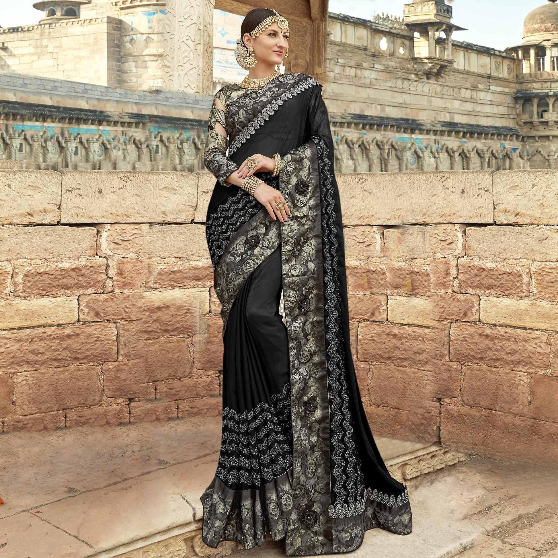 Flaunt Black Colored Partywear Embroidered Silk Saree