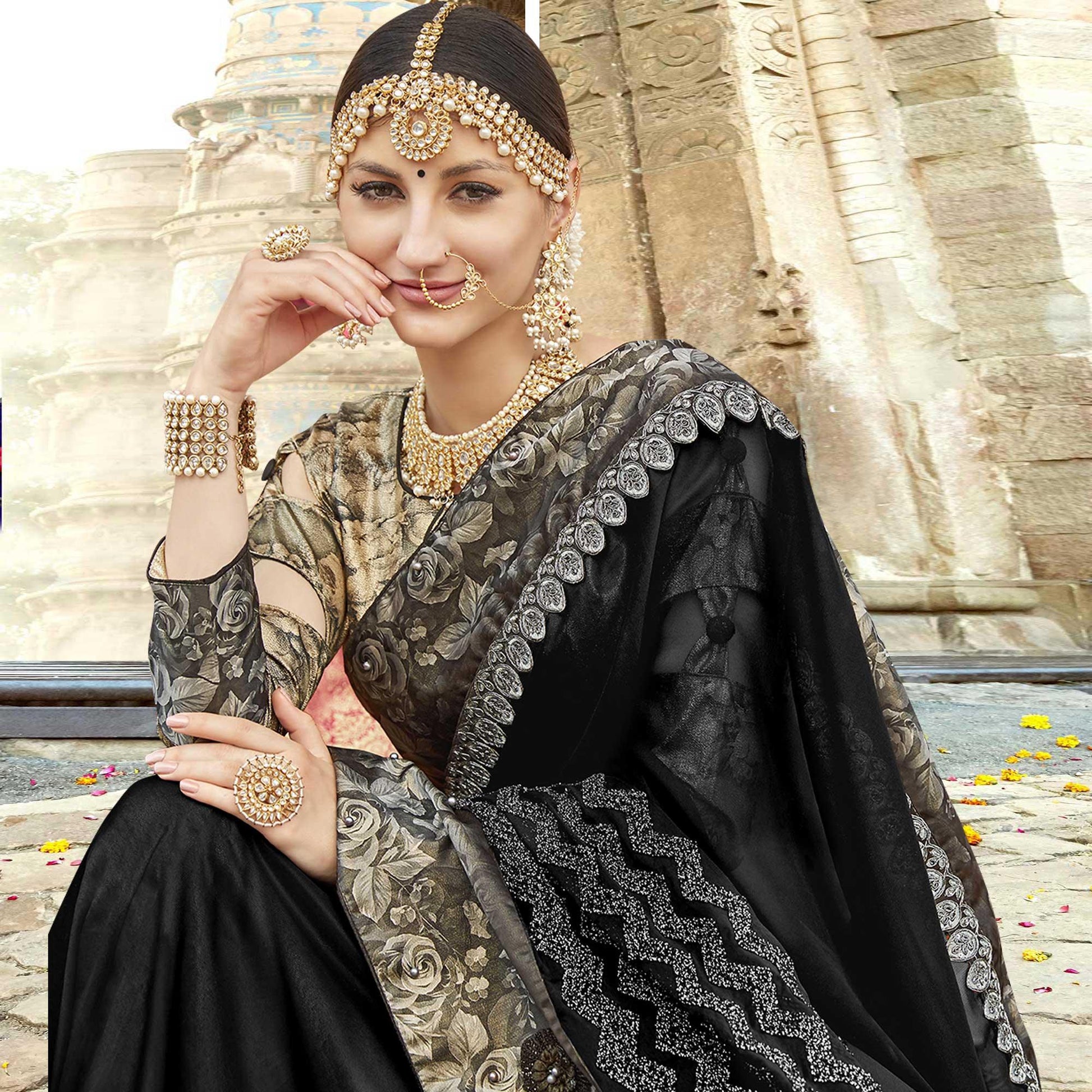 Flaunt Black Colored Partywear Embroidered Silk Saree