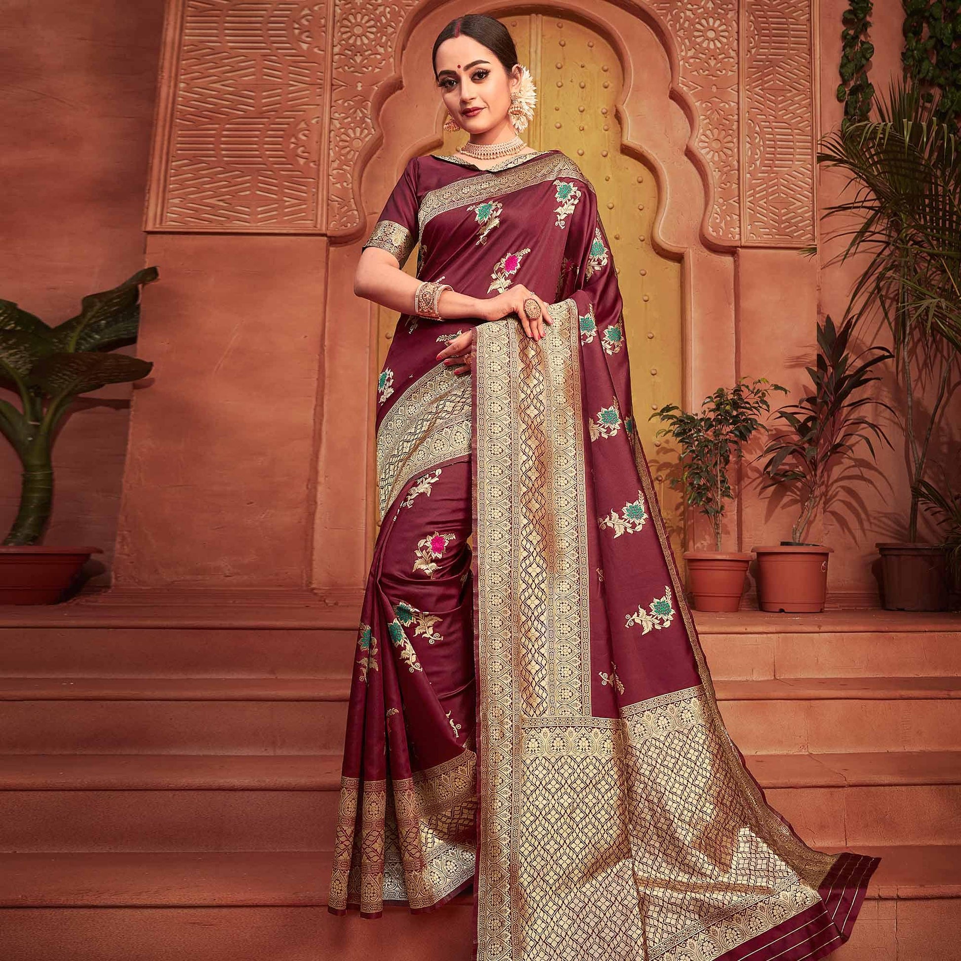 Flaunt Burgundy Colored Festive Wear Woven Designer Silk Saree