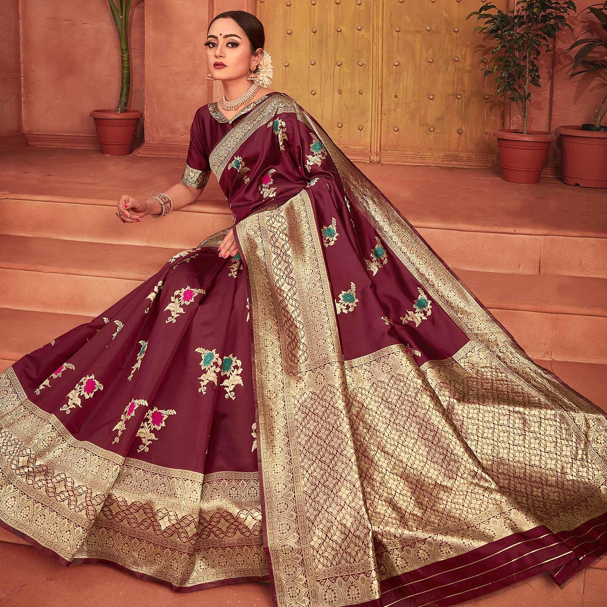 Flaunt Burgundy Colored Festive Wear Woven Designer Silk Saree