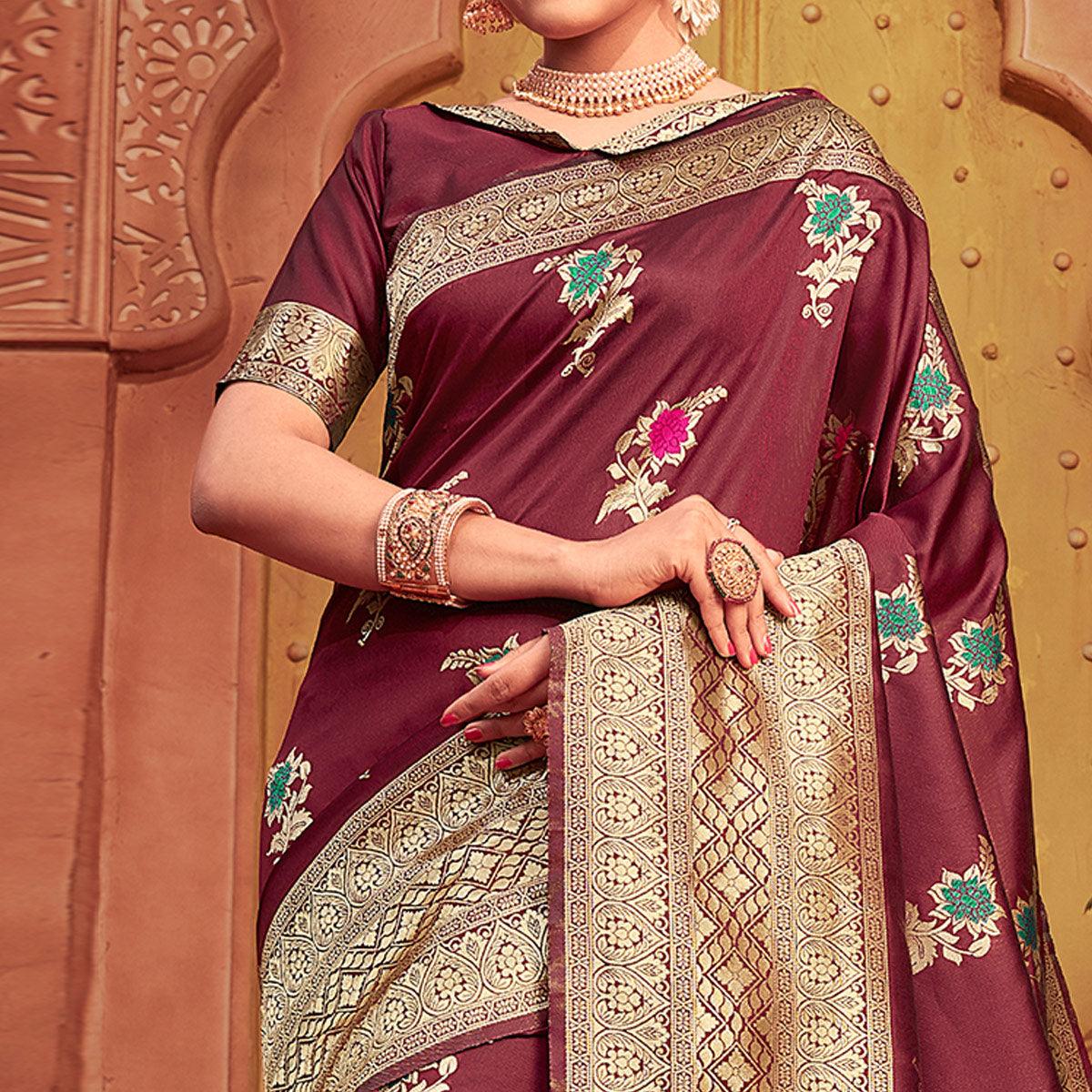 Flaunt Burgundy Colored Festive Wear Woven Designer Silk Saree