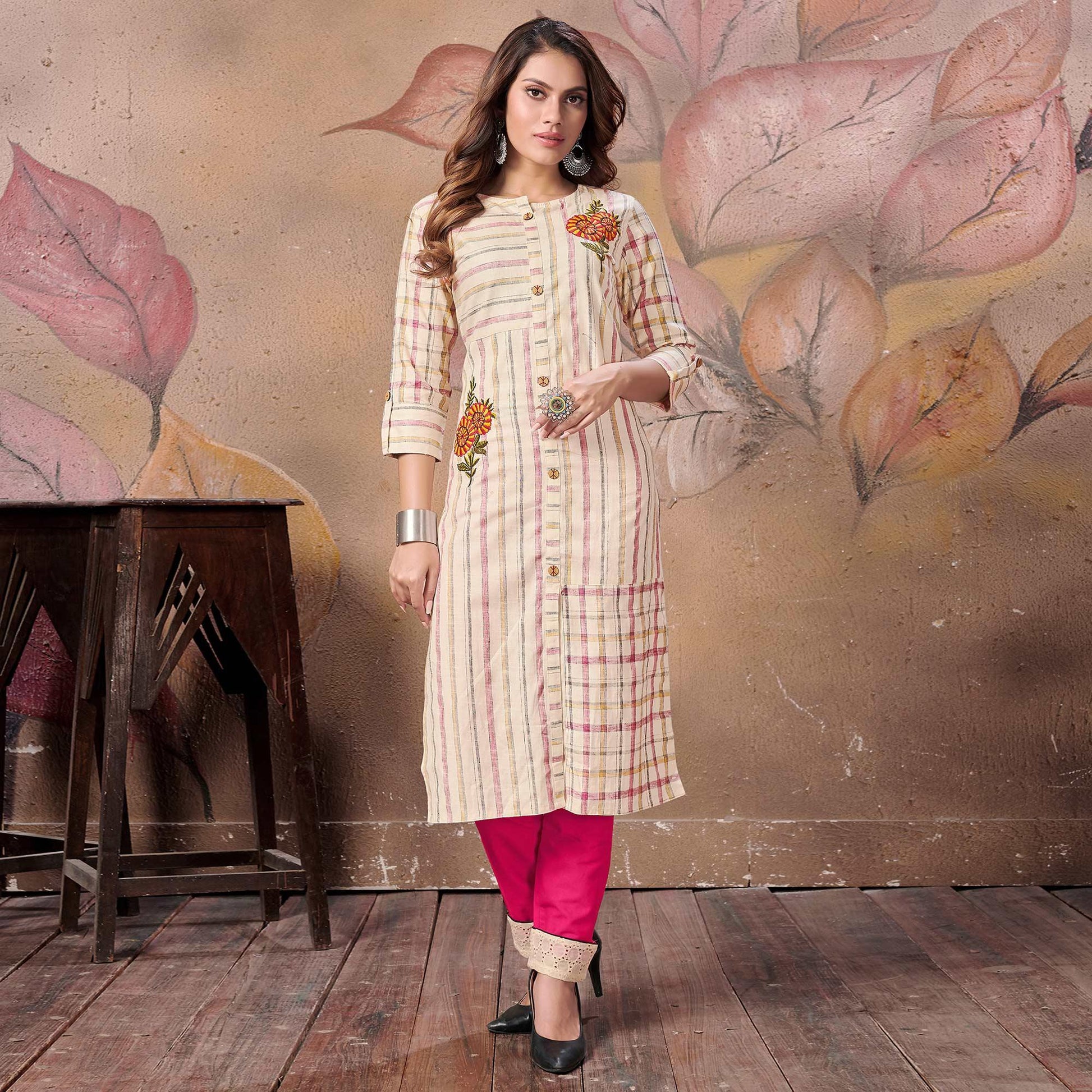 Flaunt Cream Colored Casual Embroidered Cotton Kurti-Bottom Set