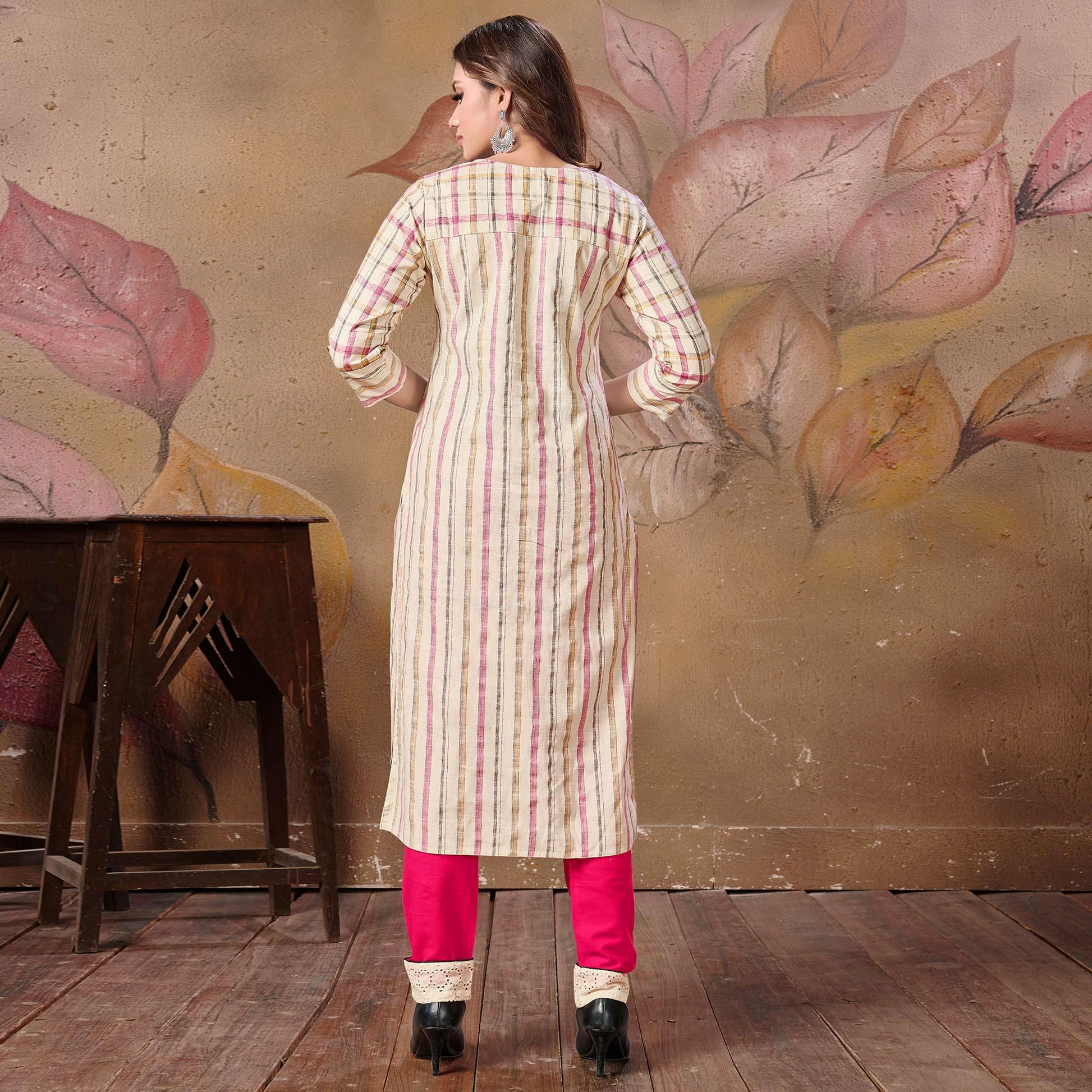 Flaunt Cream Colored Casual Embroidered Cotton Kurti-Bottom Set