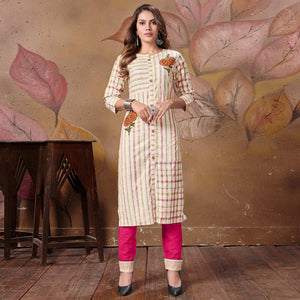 Flaunt Cream Colored Casual Embroidered Cotton Kurti-Bottom Set