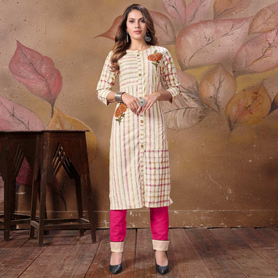 Flaunt Cream Colored Casual Embroidered Cotton Kurti-Bottom Set