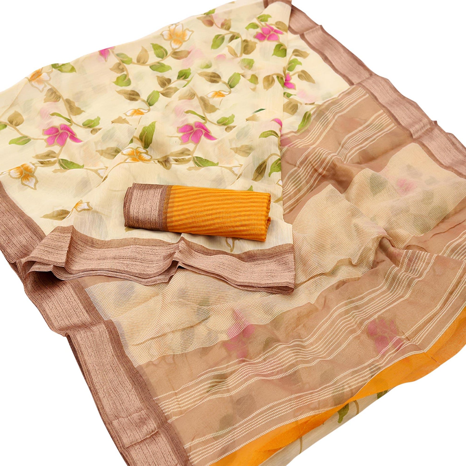 Flaunt Cream Colored Casual Wear Floral Printed Cotton Saree