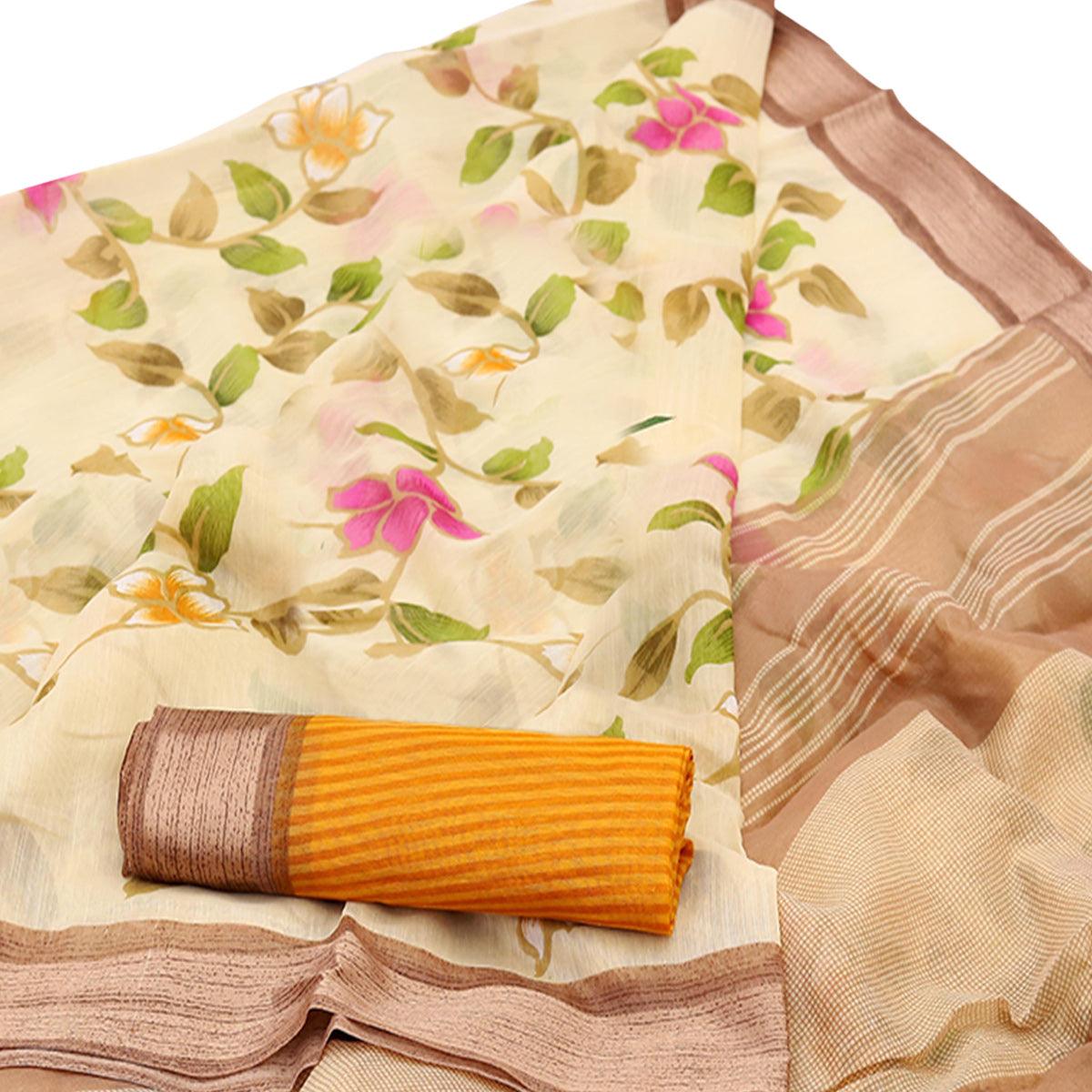 Flaunt Cream Colored Casual Wear Floral Printed Cotton Saree