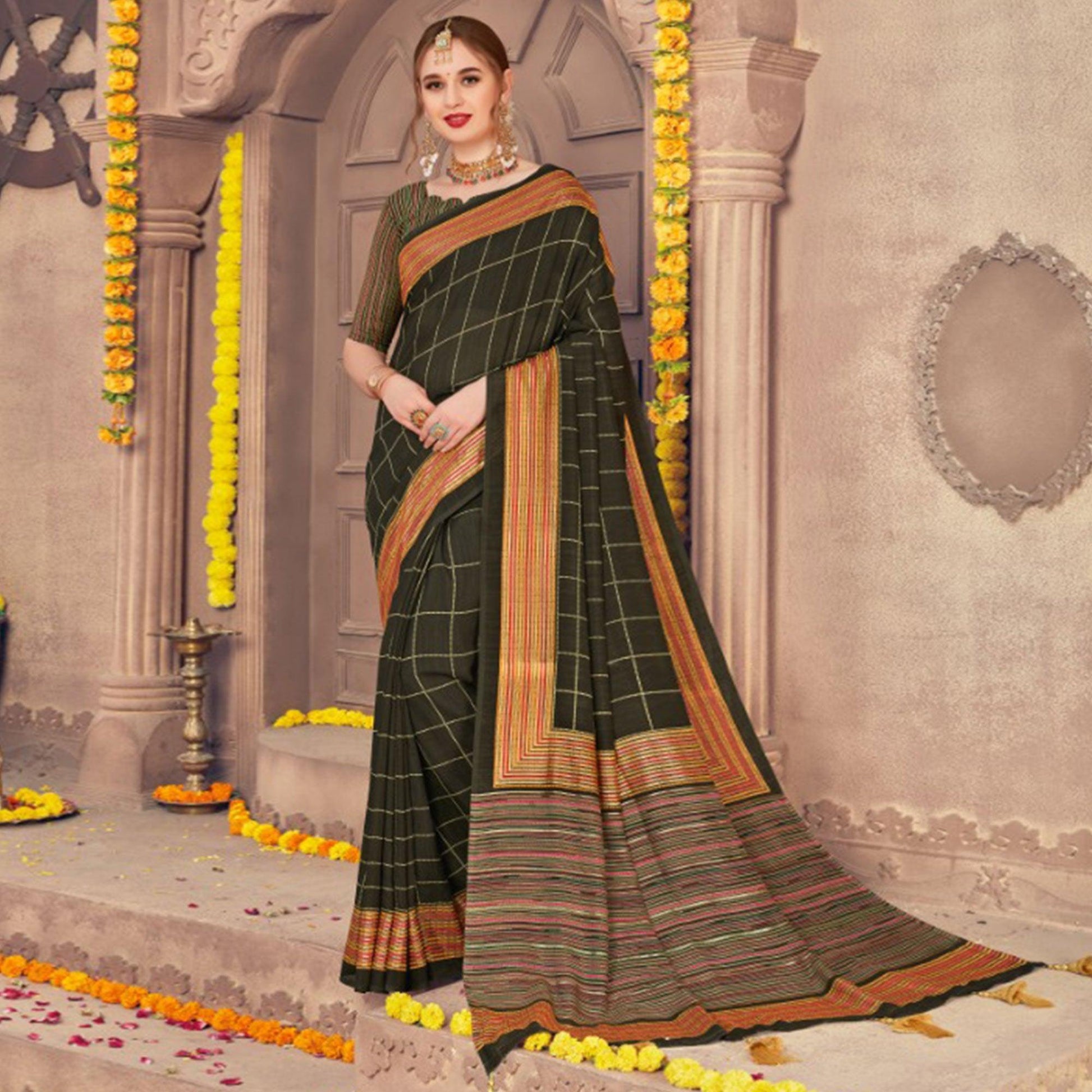 Flaunt Dark Green Colored Festive Wear Printed Georgette Saree With Tassels