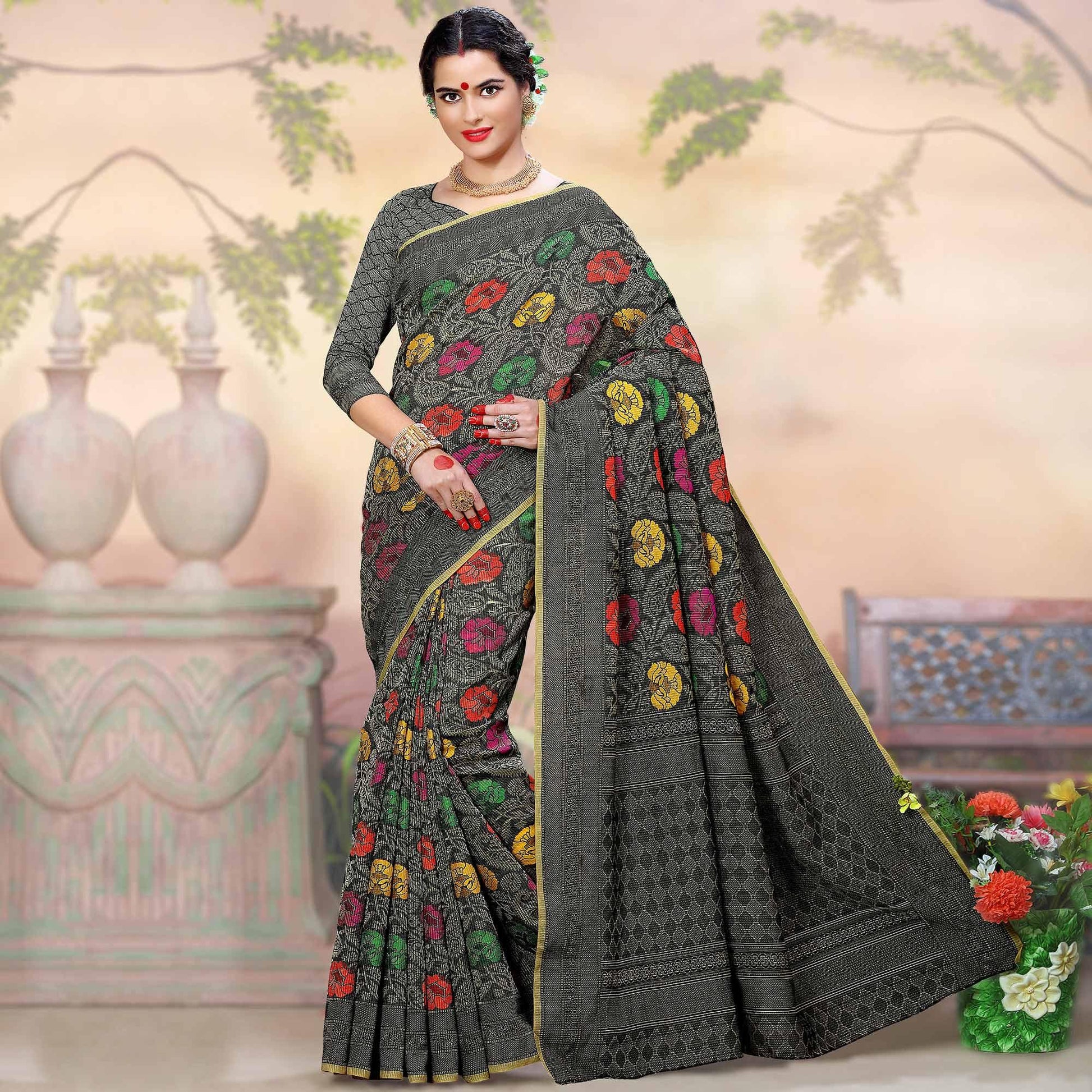 Flaunt Dark Grey Colored Festive Wear Woven Crystal Silk Saree