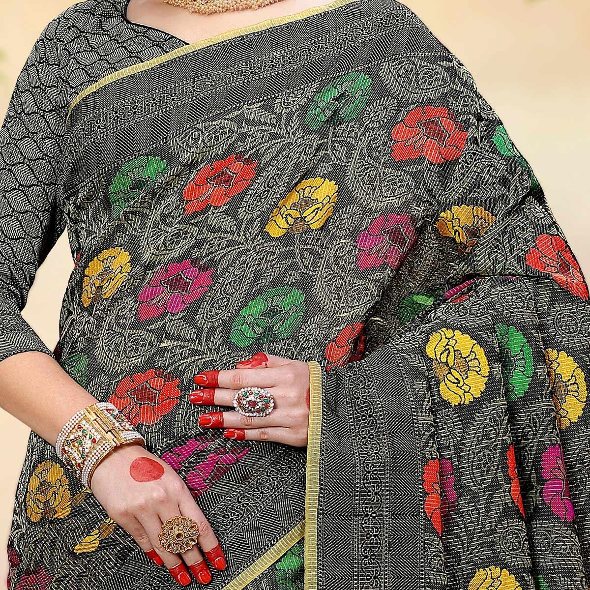 Flaunt Dark Grey Colored Festive Wear Woven Crystal Silk Saree
