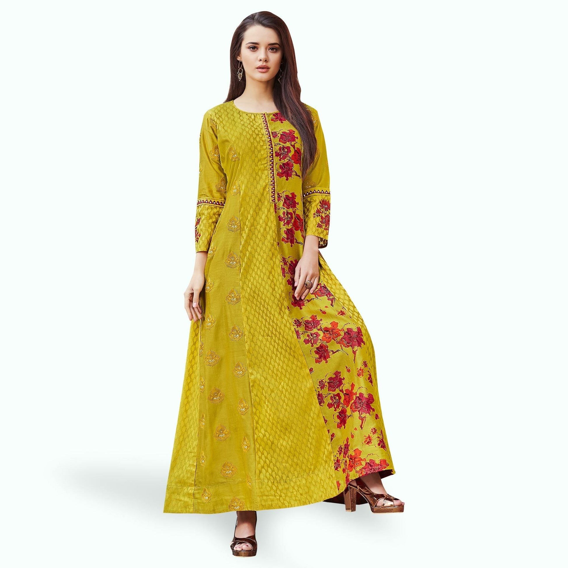 Flaunt Golden-Green Colored Casual Embroidered Cotton Gown