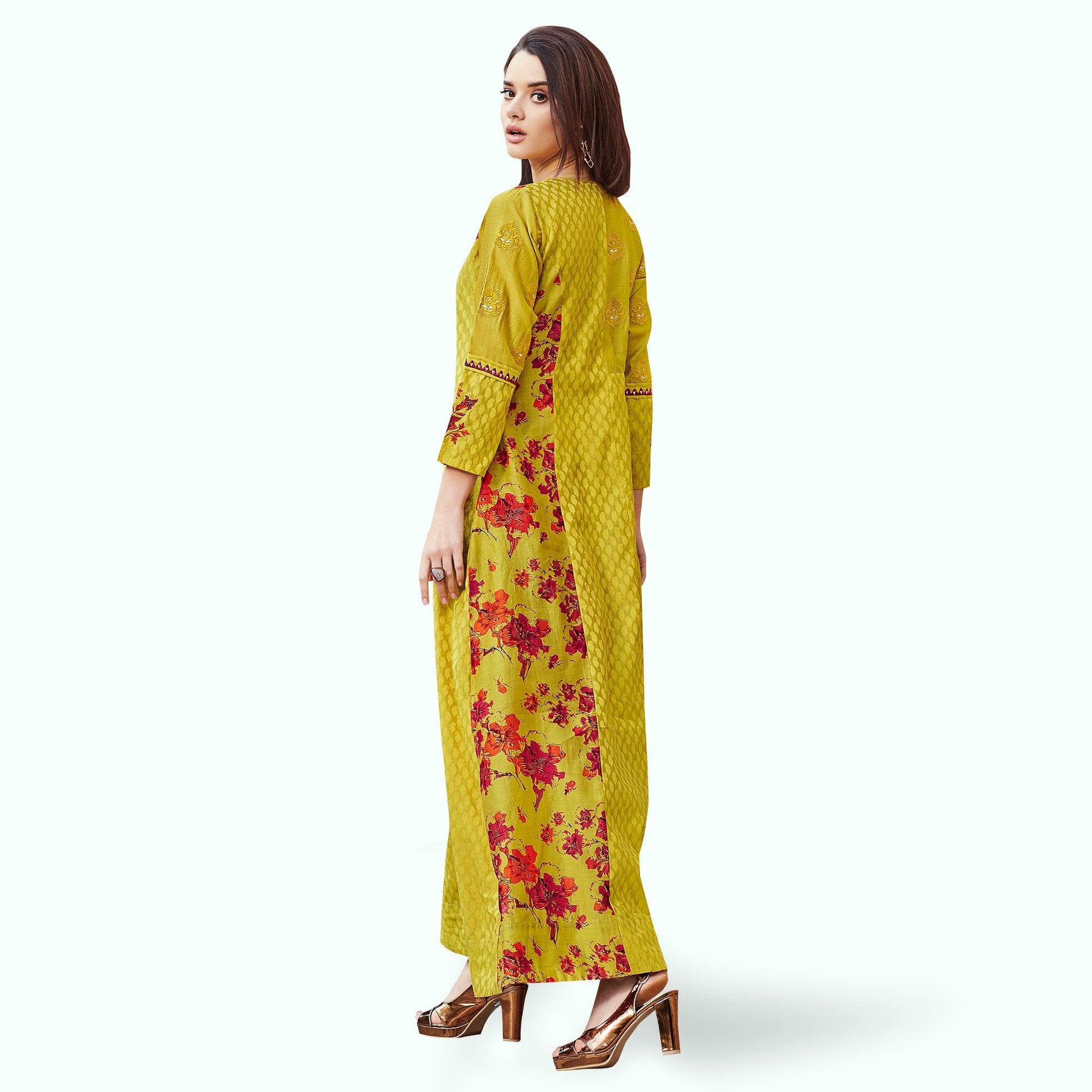 Flaunt Golden-Green Colored Casual Embroidered Cotton Gown
