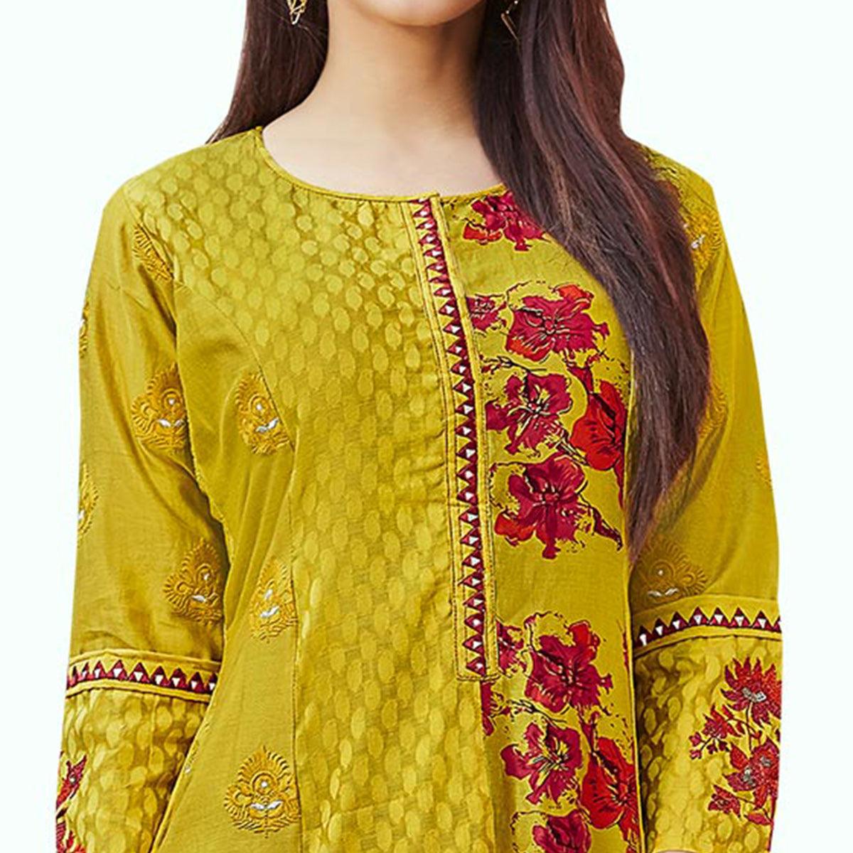 Flaunt Golden-Green Colored Casual Embroidered Cotton Gown