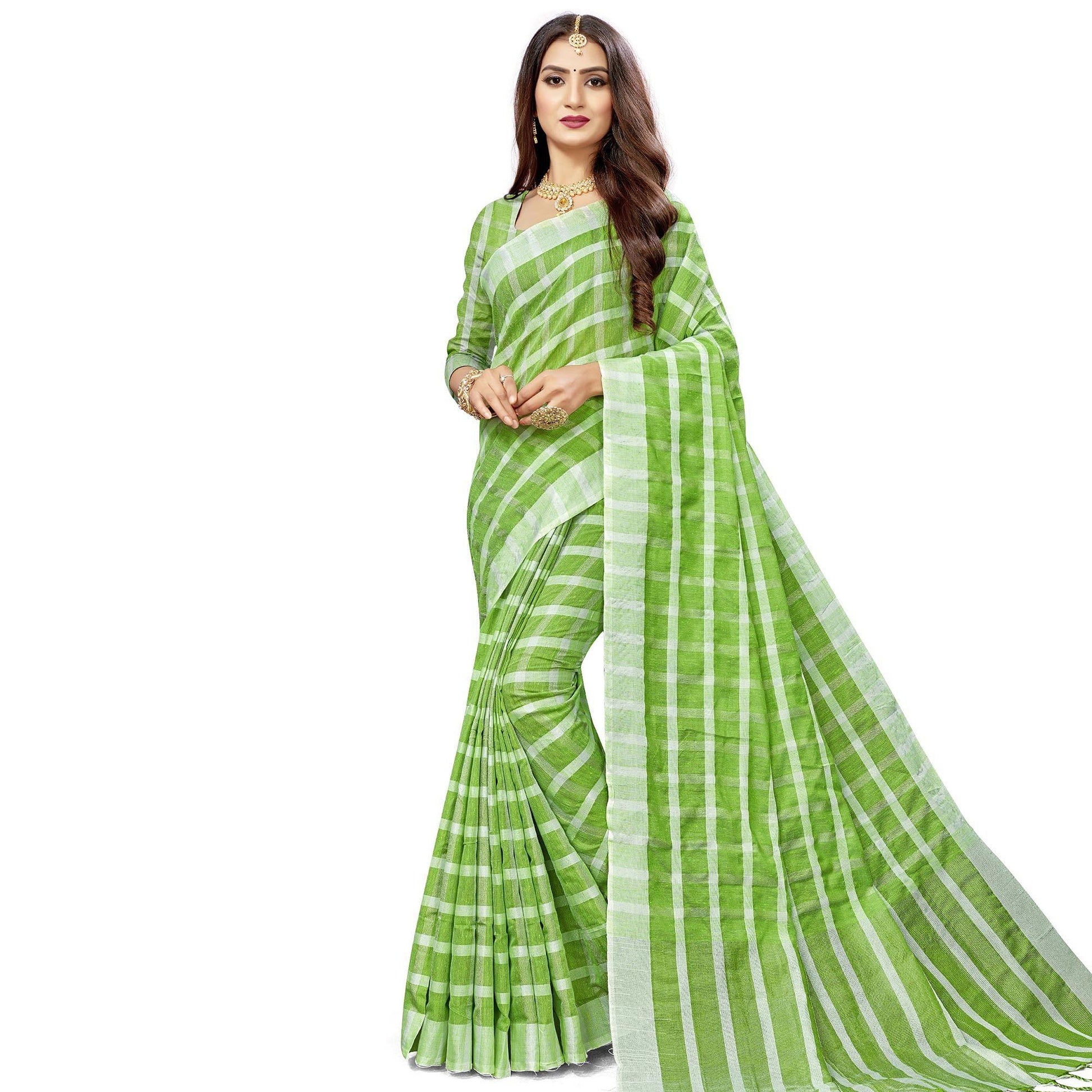 Flaunt Green Colored Fesive Wear Checks Print Cotton Silk Saree With Tassels