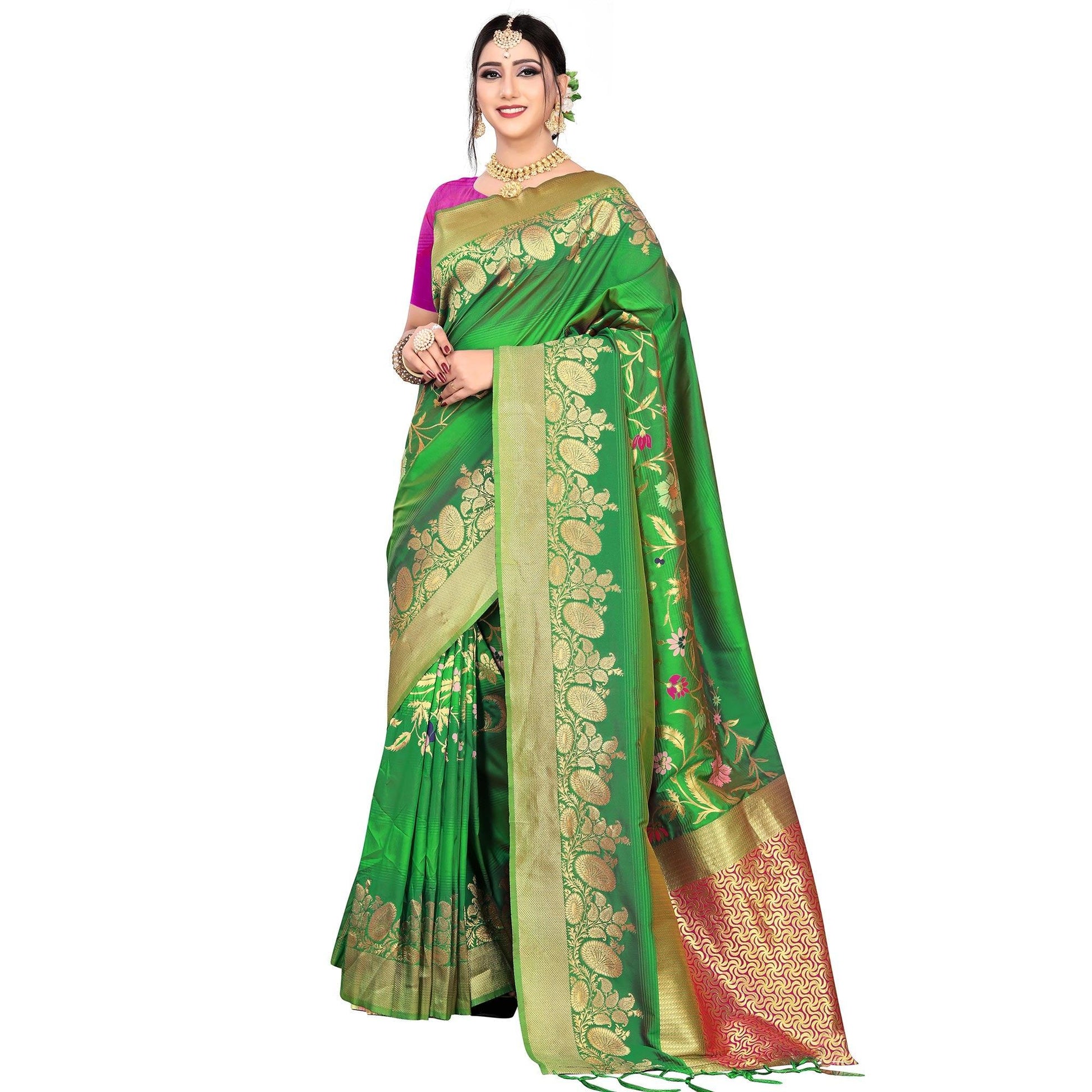 Flaunt Green Colored Festive Wear Meenakari Woven Work Silk Saree With Tassels