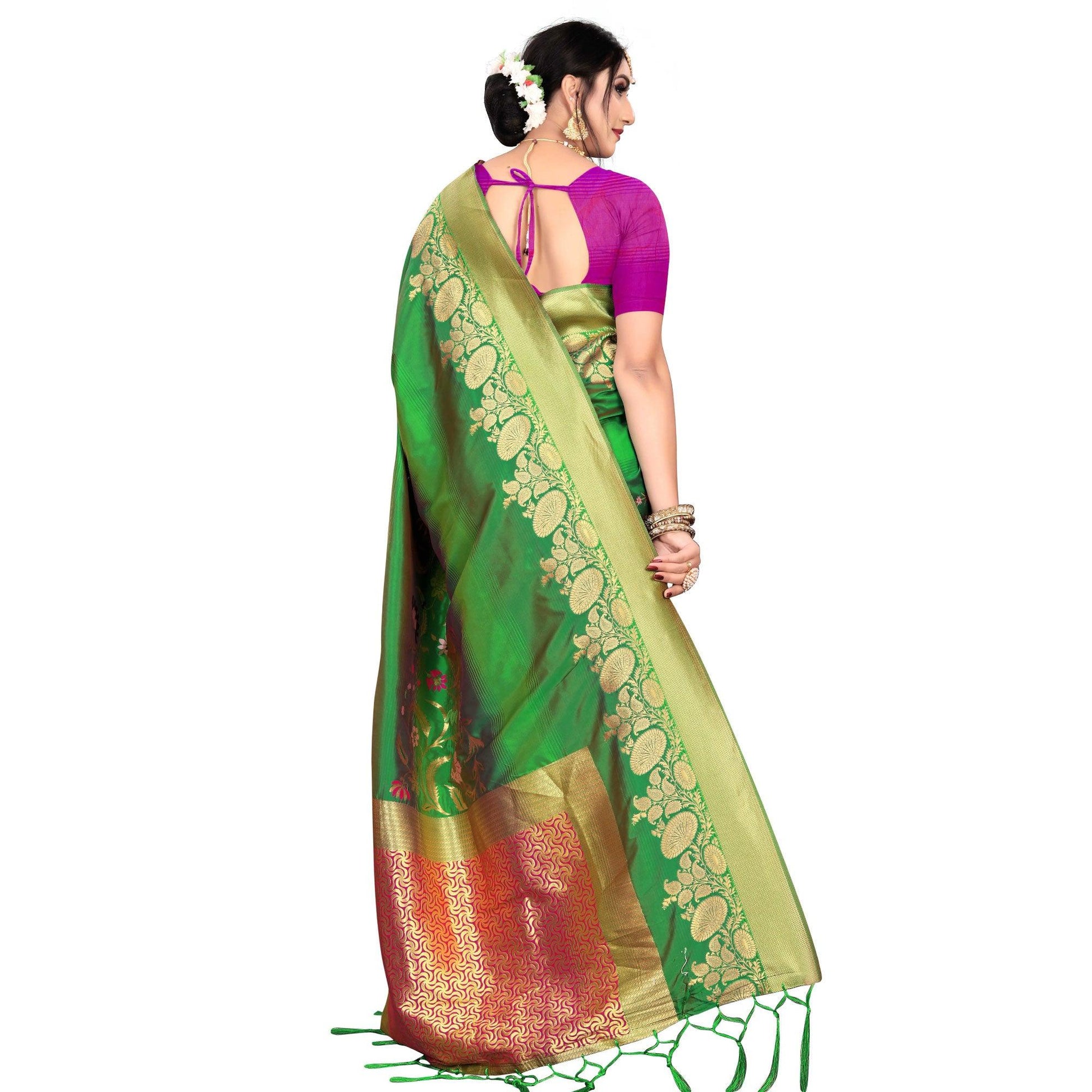 Flaunt Green Colored Festive Wear Meenakari Woven Work Silk Saree With Tassels