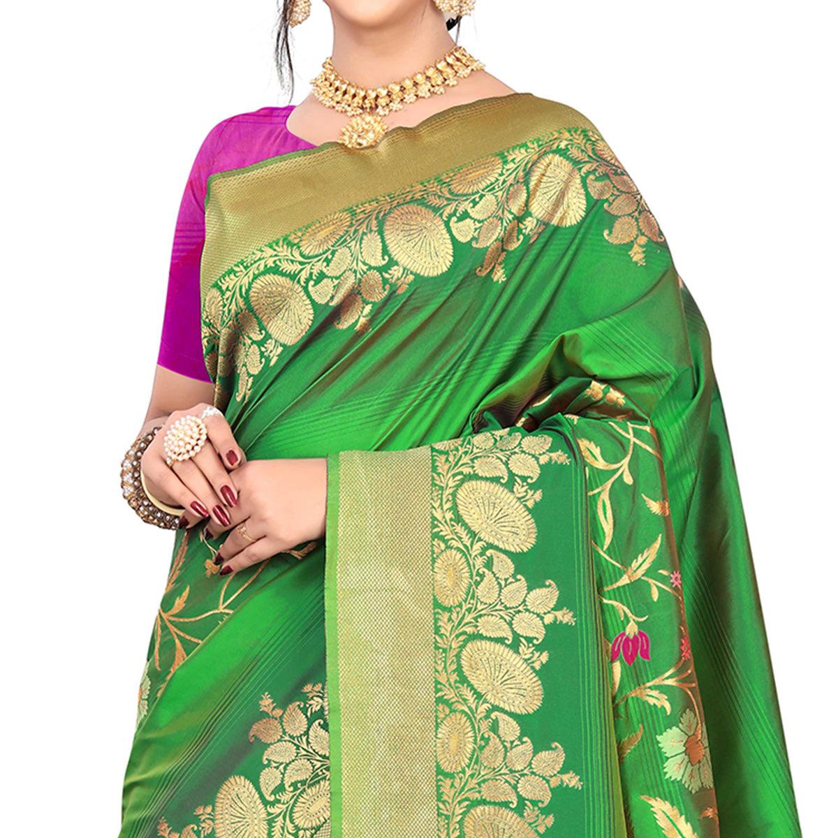 Flaunt Green Colored Festive Wear Meenakari Woven Work Silk Saree With Tassels