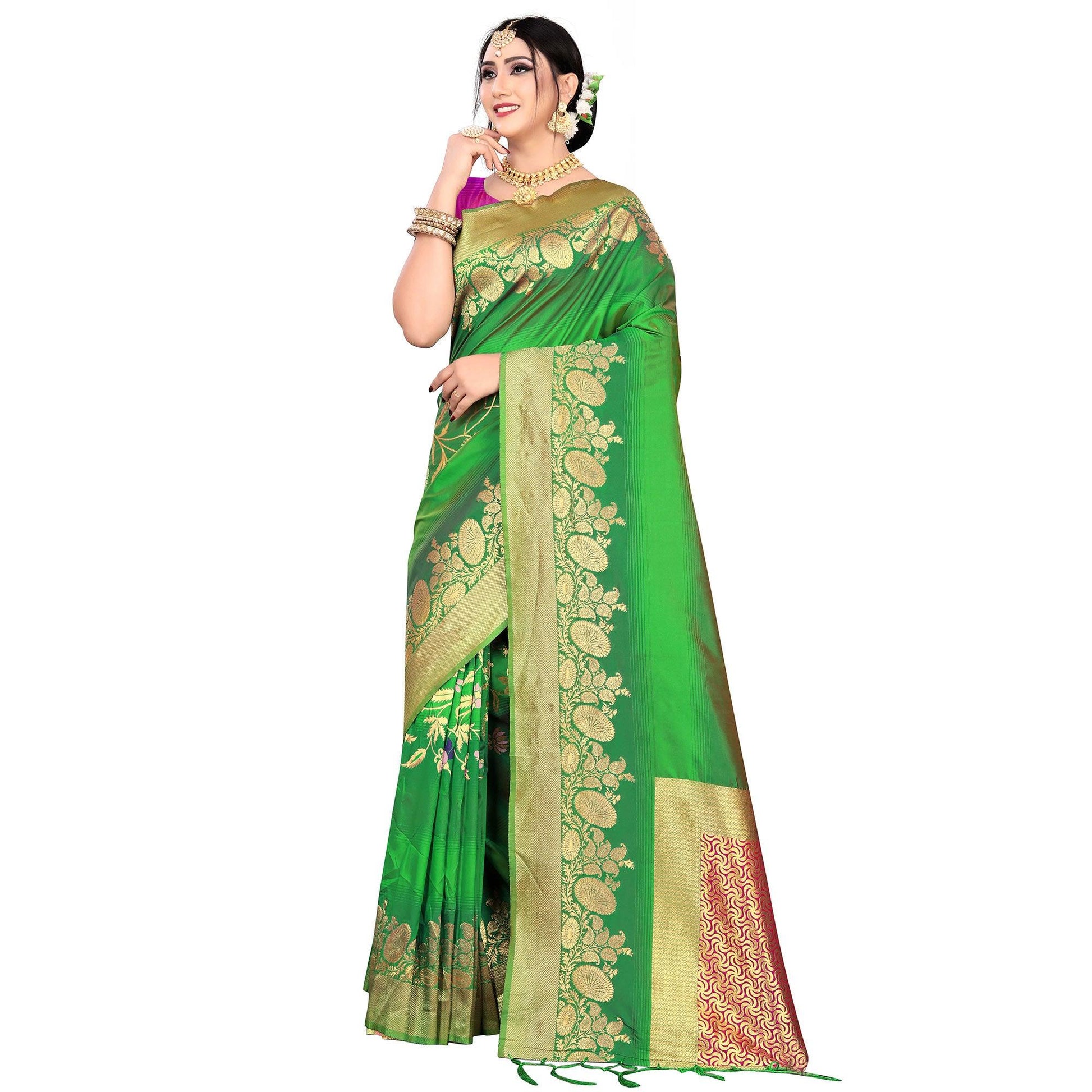 Flaunt Green Colored Festive Wear Meenakari Woven Work Silk Saree With Tassels