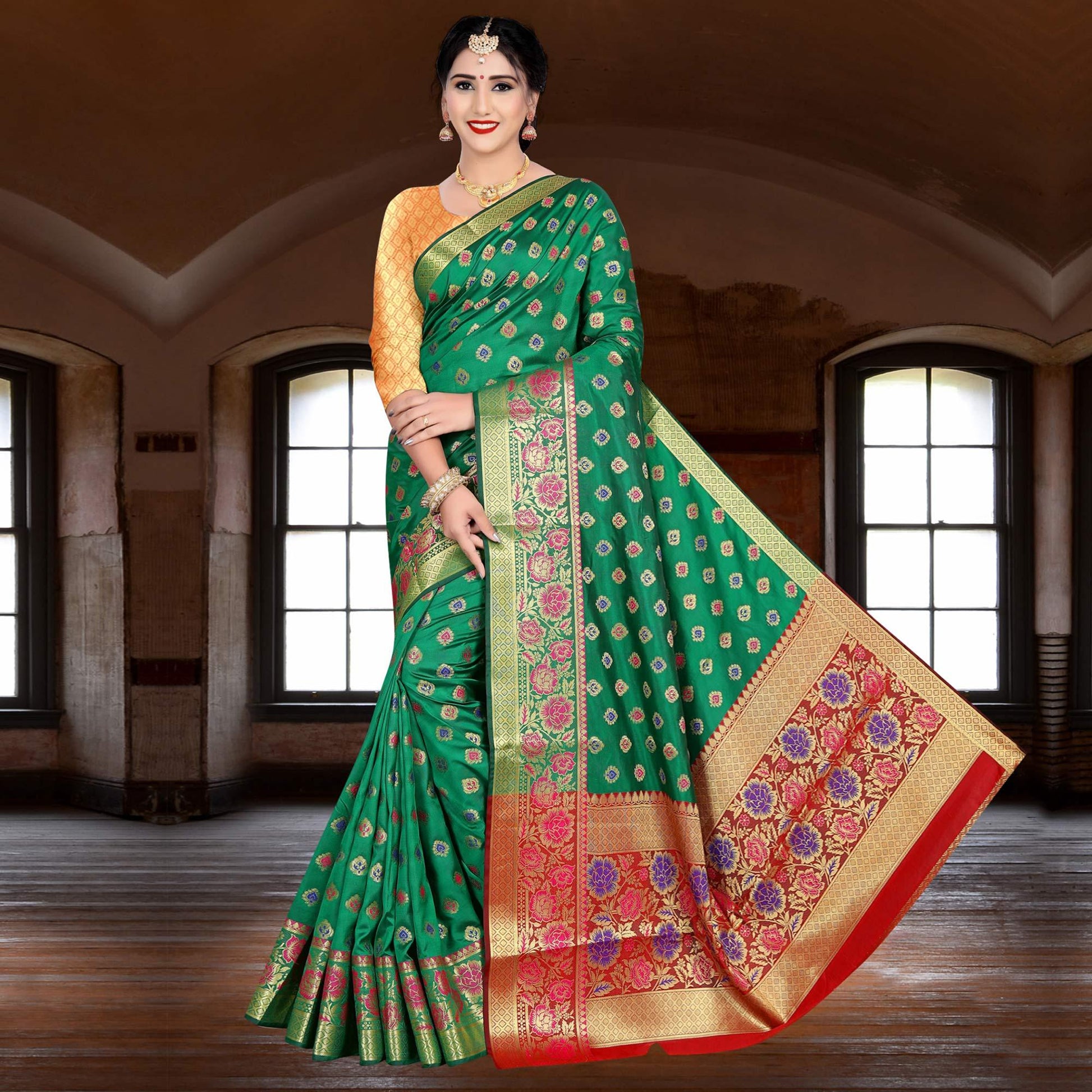 Flaunt Green Colored Festive Wear Woven Silk Saree