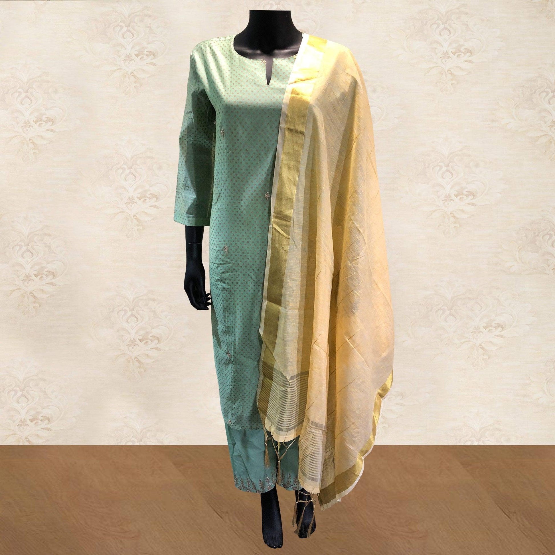 Flaunt Green Colored Partywear Embroidered Cotton Kurti-Bottom Set With Dupatta
