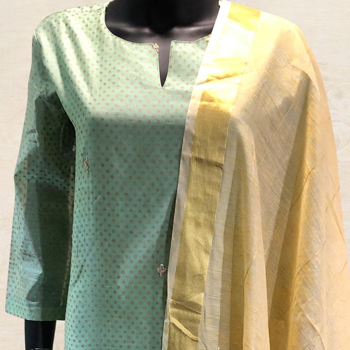Flaunt Green Colored Partywear Embroidered Cotton Kurti-Bottom Set With Dupatta