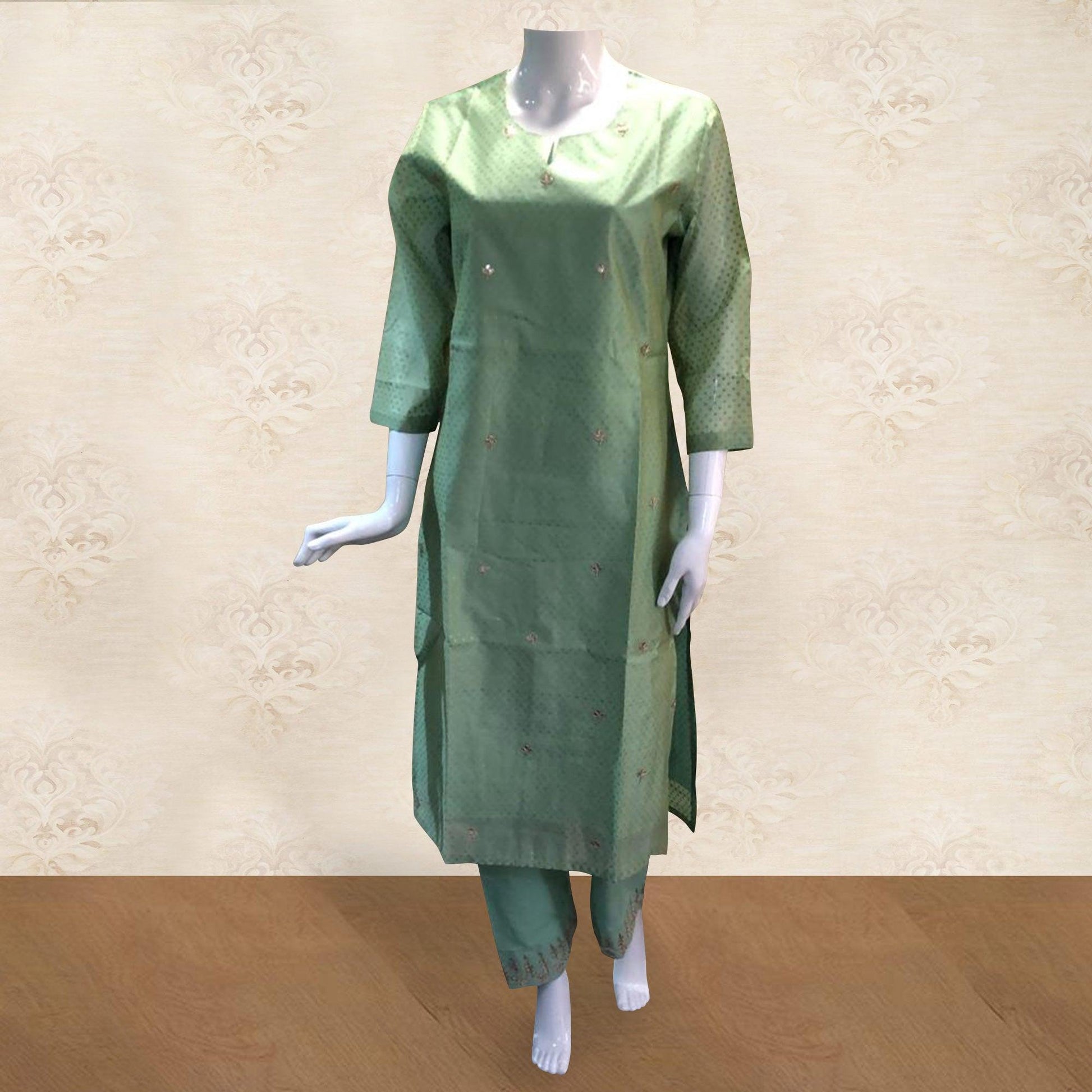 Flaunt Green Colored Partywear Embroidered Cotton Kurti-Bottom Set With Dupatta